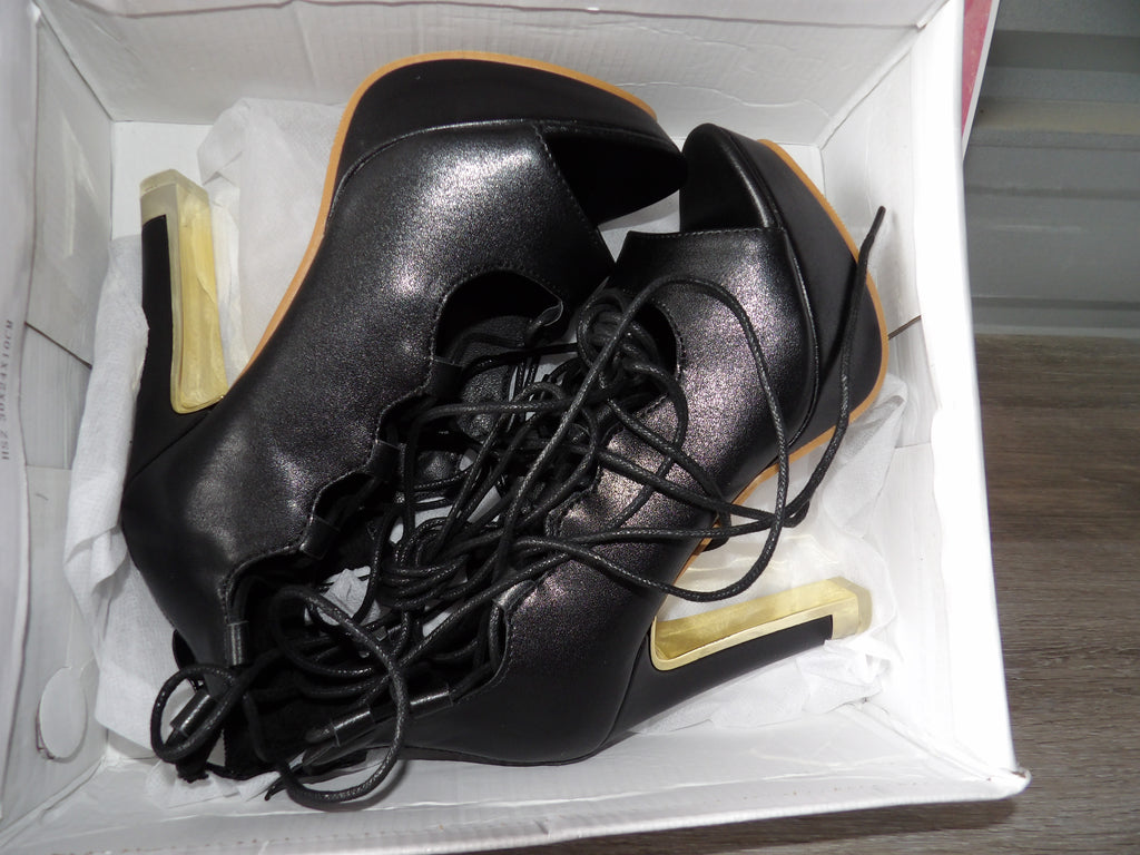 Black Lace-up Platform Peep-Toe Heels –Black/Gold (Size EU 36)
