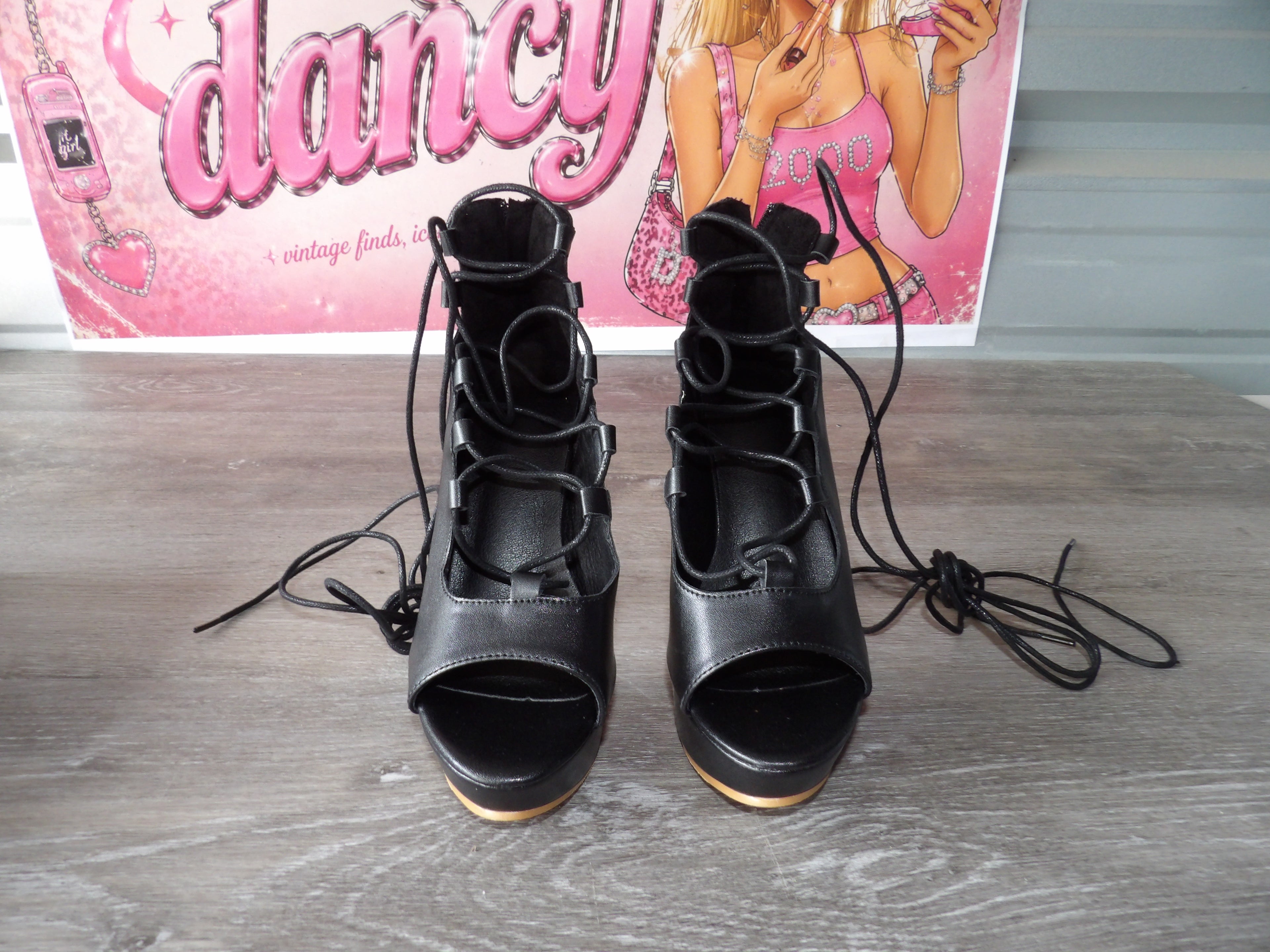 Black Lace-up Platform Peep-Toe Heels –Black/Gold (Size EU 36)