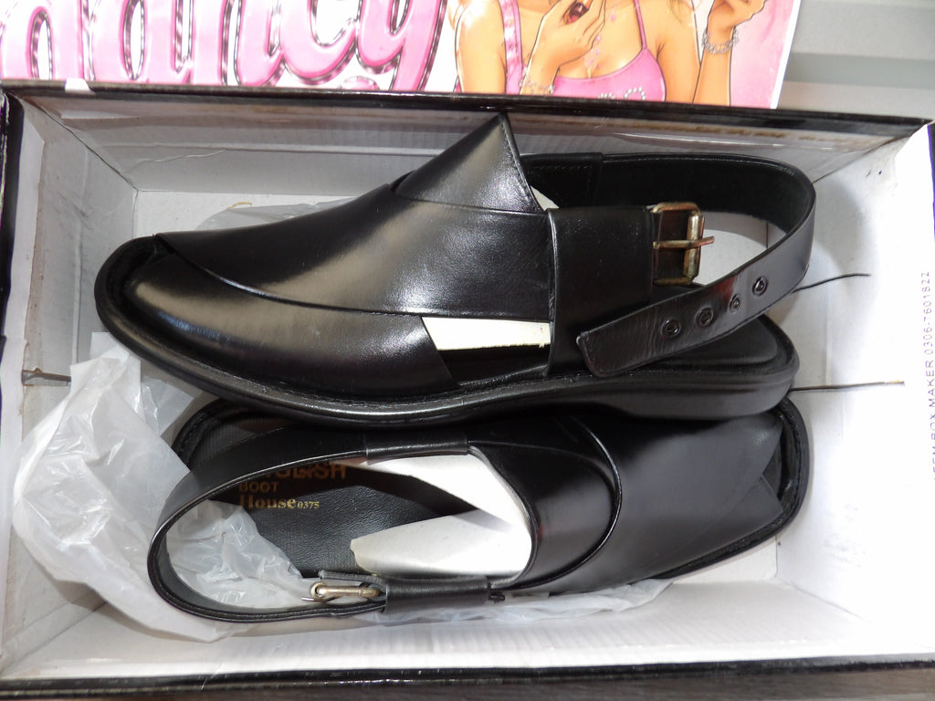 English Boot House Black High-Gloss Peshawari Sandals – (Size EU 43)US 11