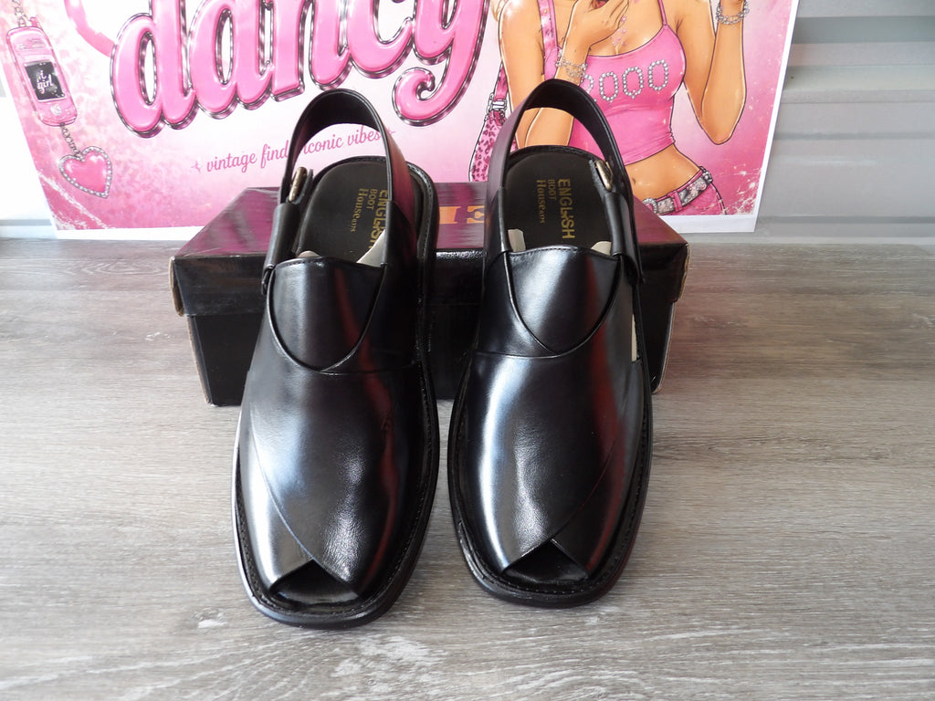 English Boot House Black High-Gloss Peshawari Sandals – (Size EU 43)US 11