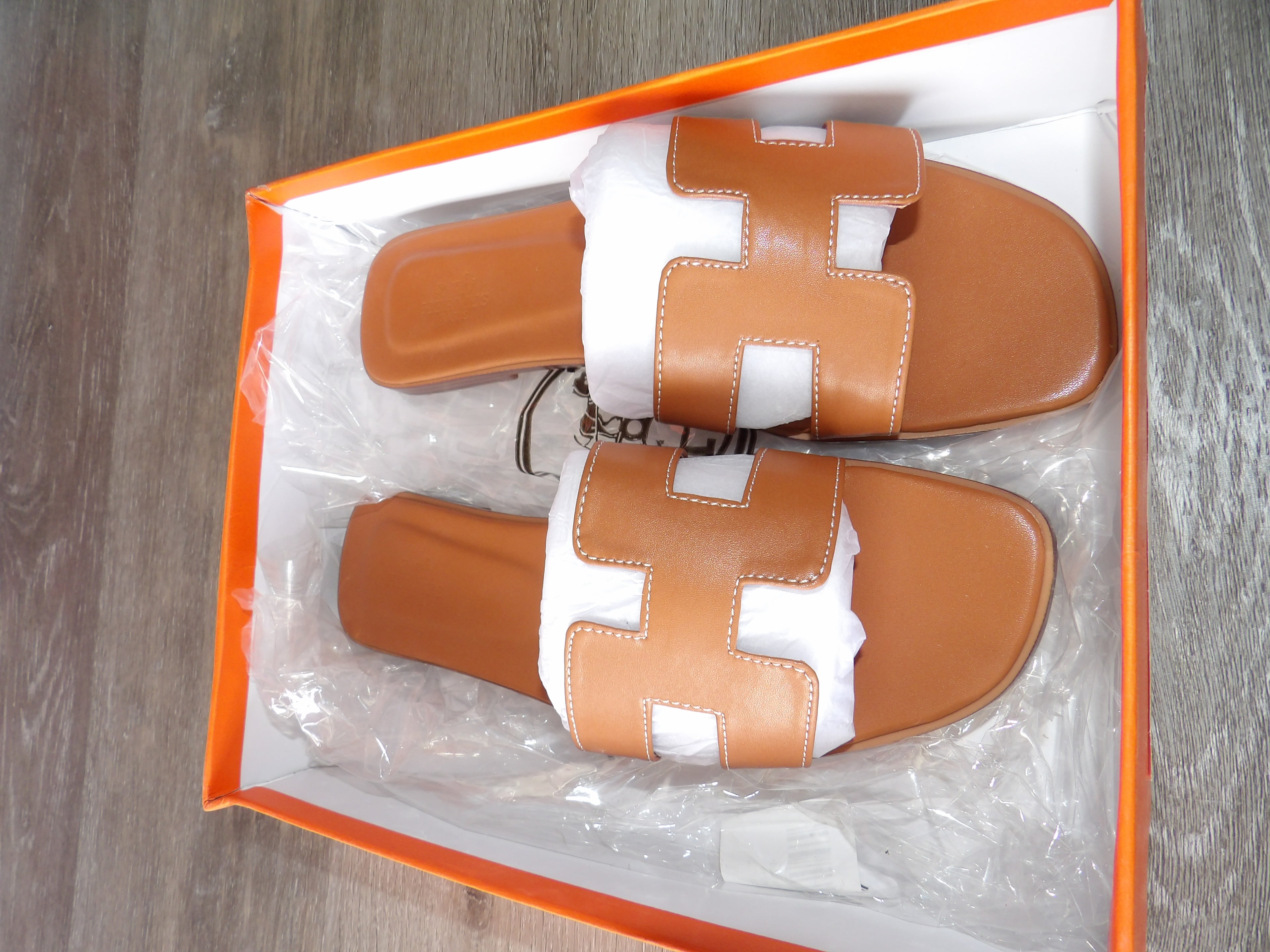 Hermes Oran Gold Calfskin Sandals - Brown (Size EU 39)