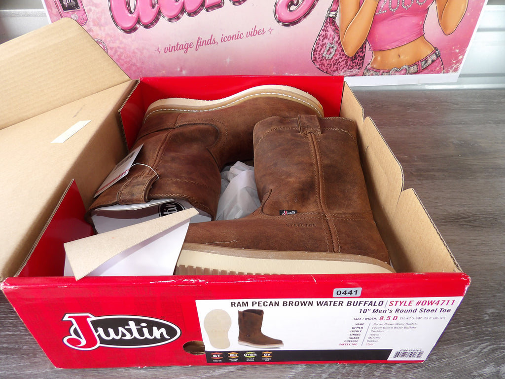 Justin Ram Pecan Brown Water Buffalo Work Boots – Brown (Size US 9.5)