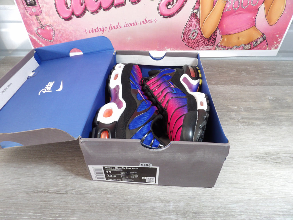Patta Nike Air Max Plus Sneakers – Black/Cherry Red/Royal (Size Men's 12, Women's 13.5)