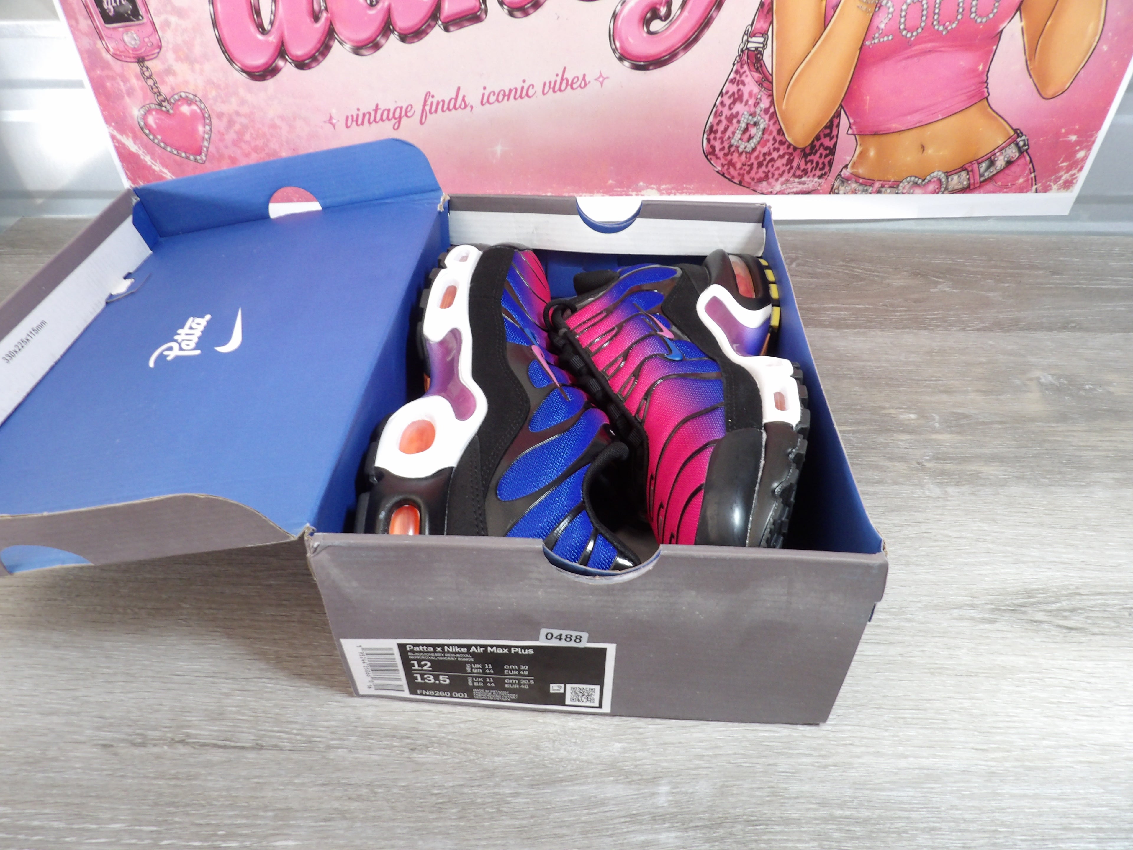 Patta Nike Air Max Plus Sneakers – Black/Cherry Red/Royal (Size Men's 12, Women's 13.5)