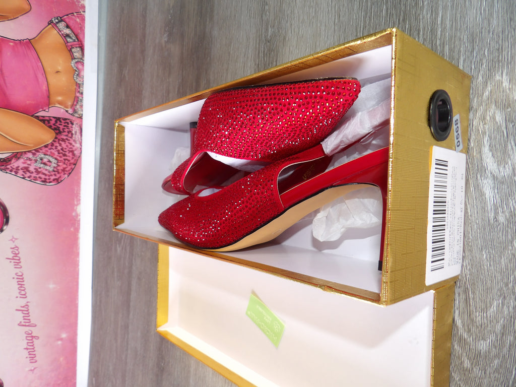 LOCERICH Rhinestone Slingback Kitten Heels – Red/Rhinestone (Size US 10)