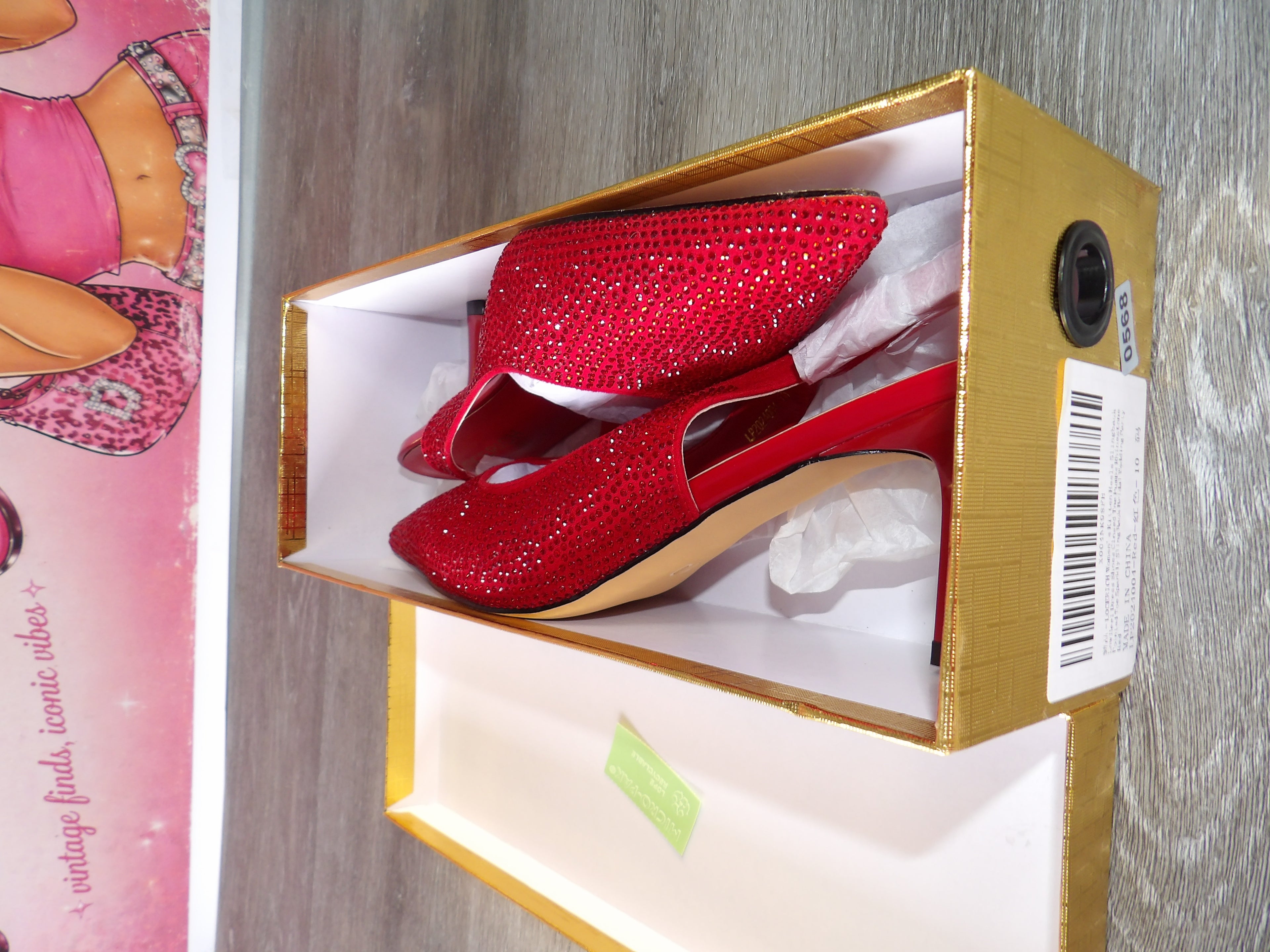 LOCERICH Rhinestone Slingback Kitten Heels – Red/Rhinestone (Size US 10)