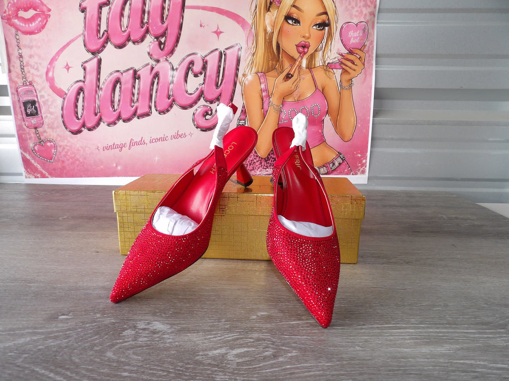 LOCERICH Rhinestone Slingback Kitten Heels – Red/Rhinestone (Size US 7.5)