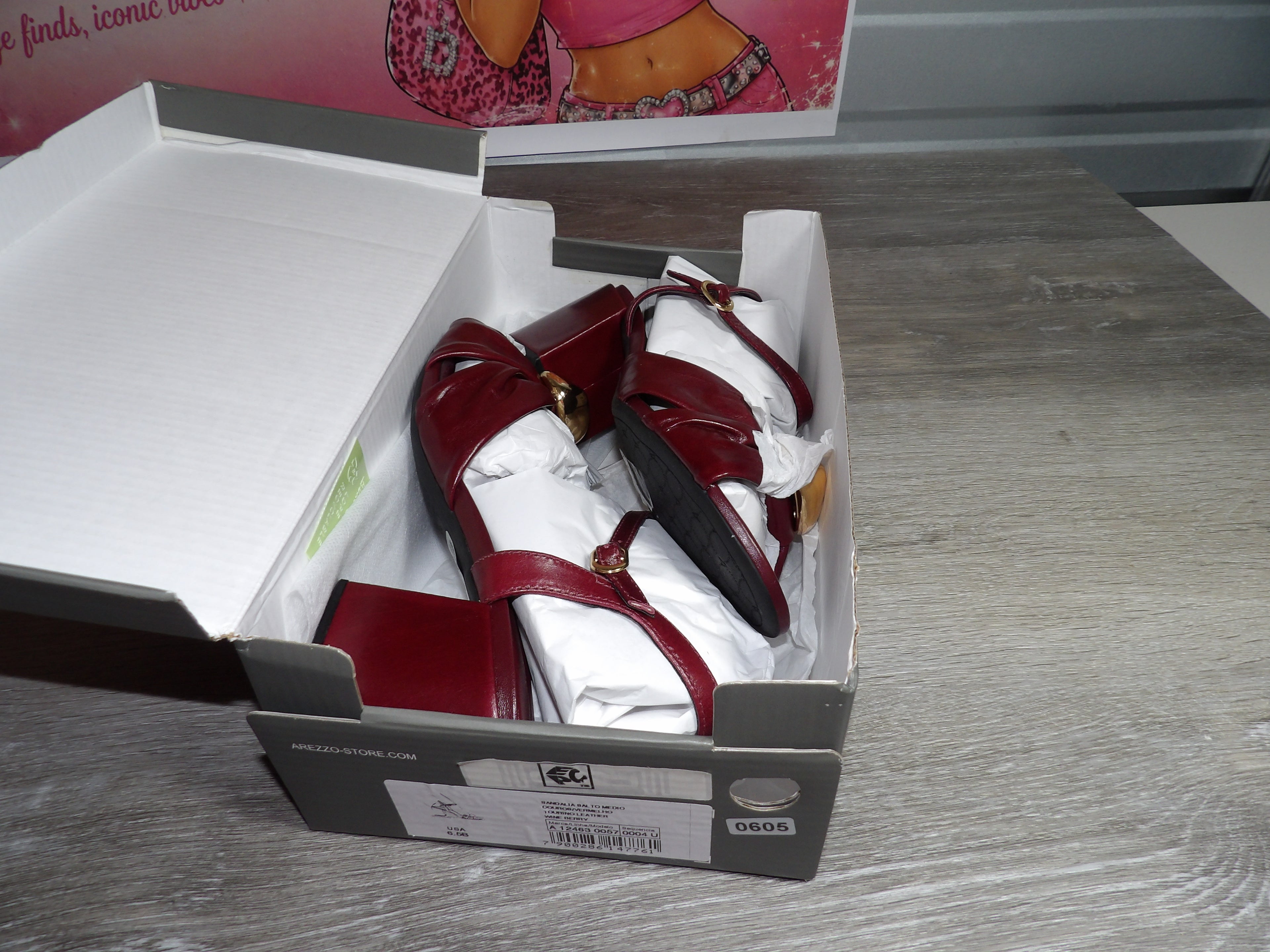 Arezzo Red Leather Block Heel Sandals With Knotted Strap Design/Ankle Buckle – Burgundy (Size US 6.5)