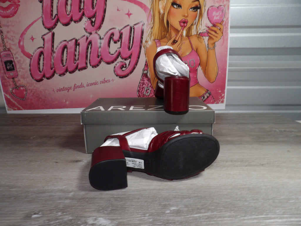 Arezzo Red Leather Block Heel Sandals With Knotted Strap Design/Ankle Buckle – Burgundy (Size US 6.5)