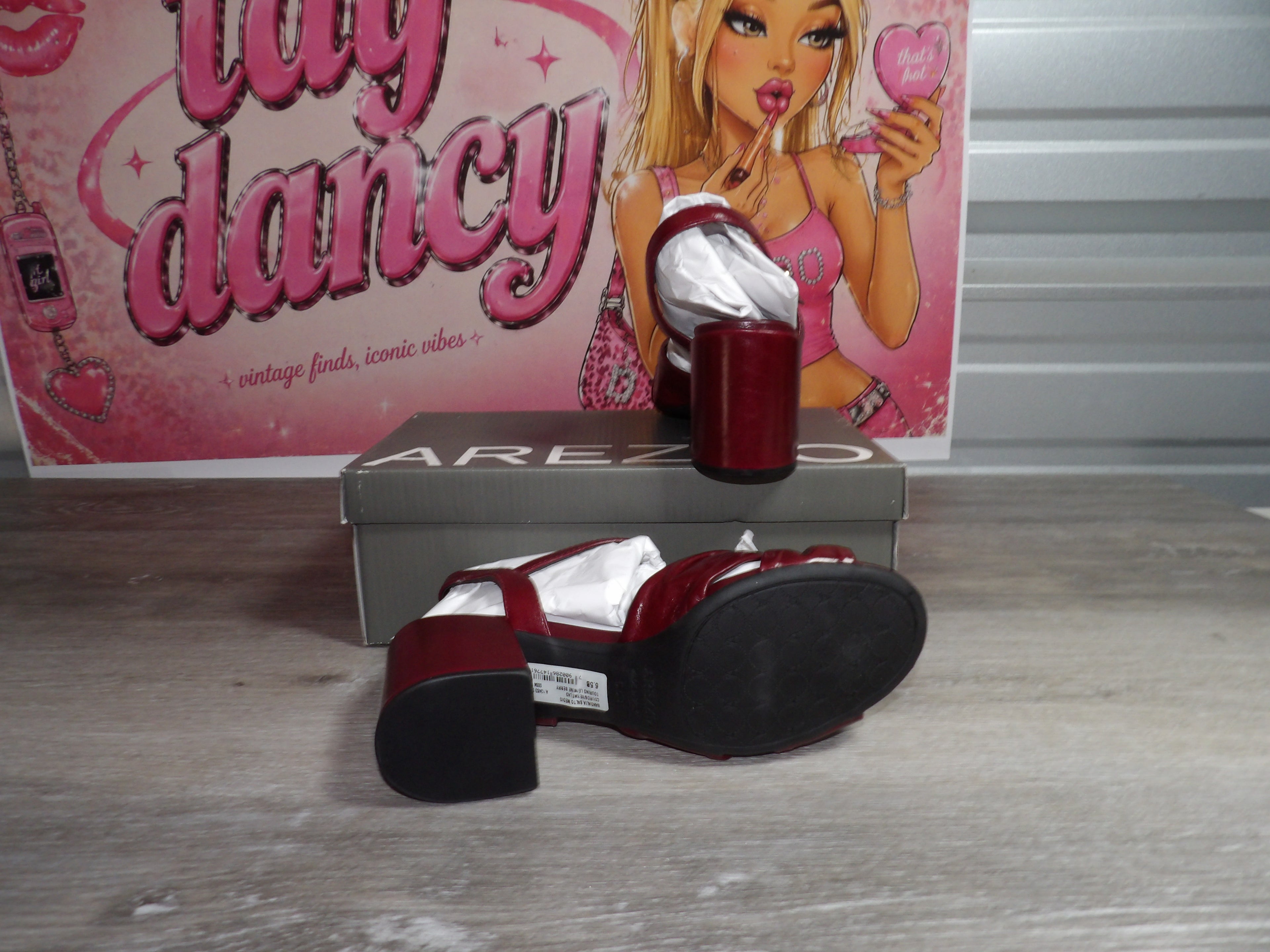 Arezzo Red Leather Block Heel Sandals With Knotted Strap Design/Ankle Buckle – Burgundy (Size US 6.5)