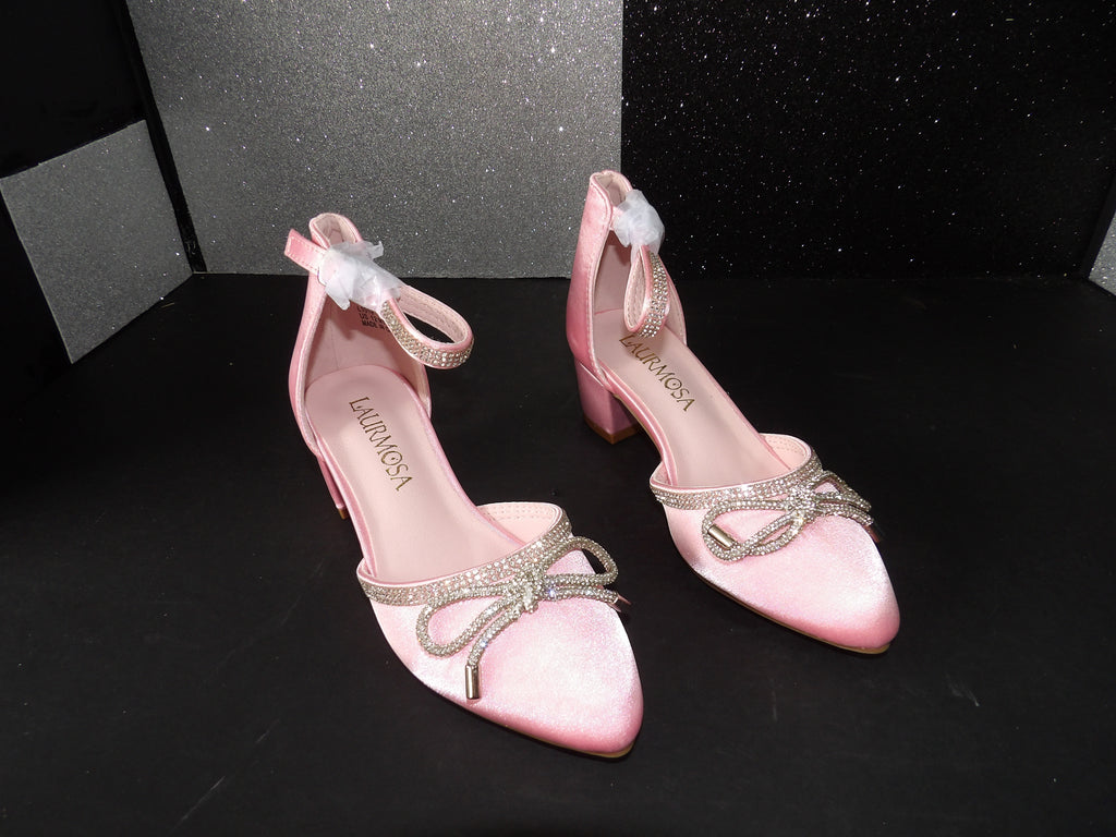 Laura Mosa Girls Dress Heels - Pink Rhinestone Bow (Size US Girls 12)