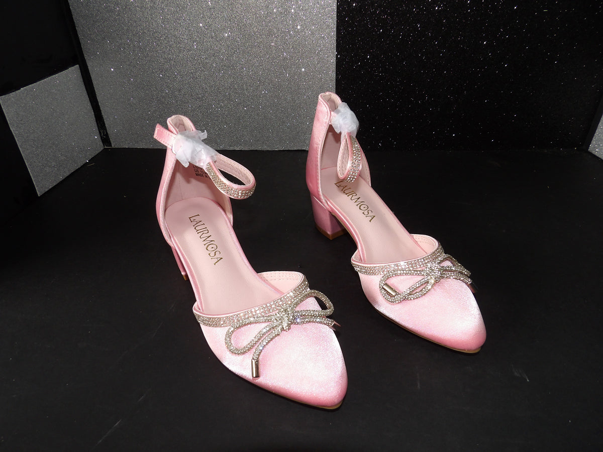 Laura Mosa Girls Dress Heels - Pink Rhinestone Bow (Size US Girls 12)