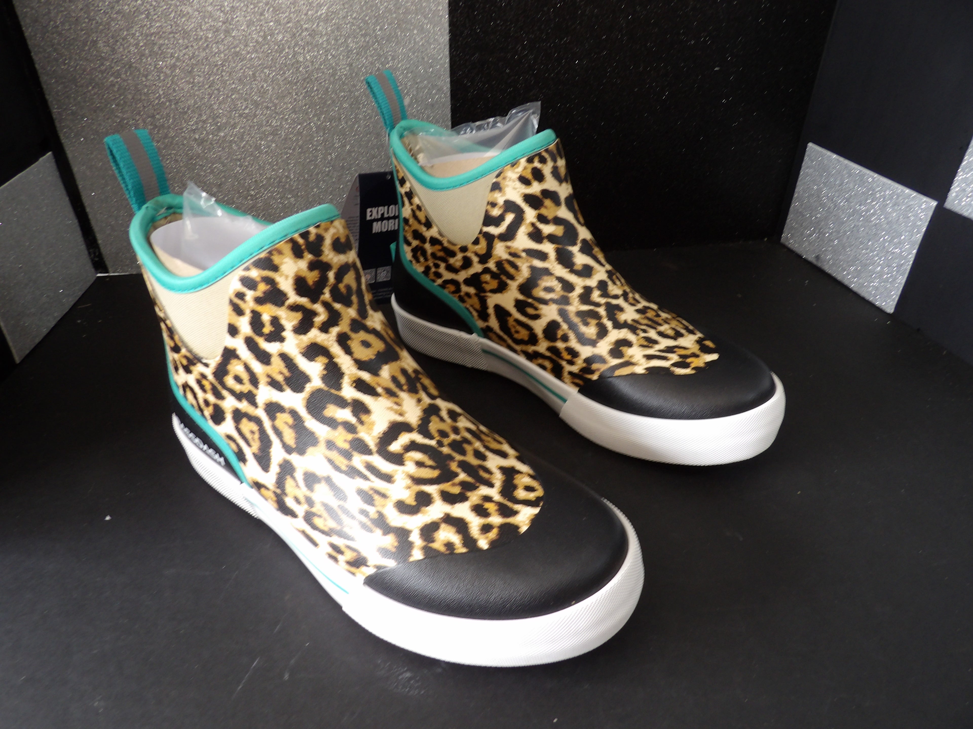 Bashdash Leopard Print Waterproof Ankle Deck Boots - Leopard/Turquoise (Size US Women's 10)