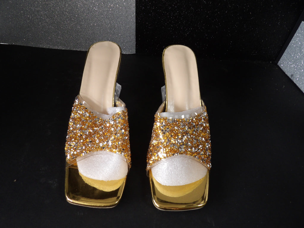Rhinestone Slide Heels - Gold (Size US Women's 7.5, EU 38)