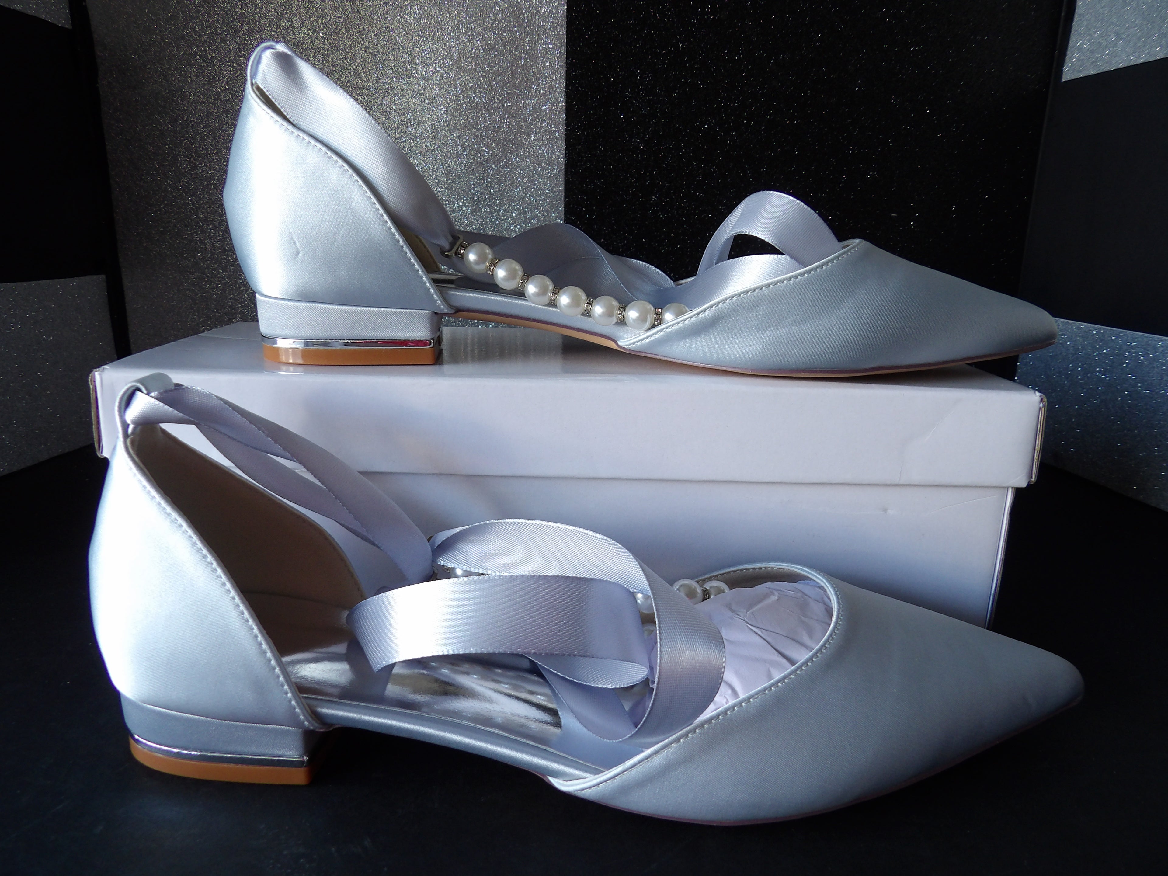 Bridal Satin Pearl Strap Flats - Light Blue (Size US Women's 8.5)