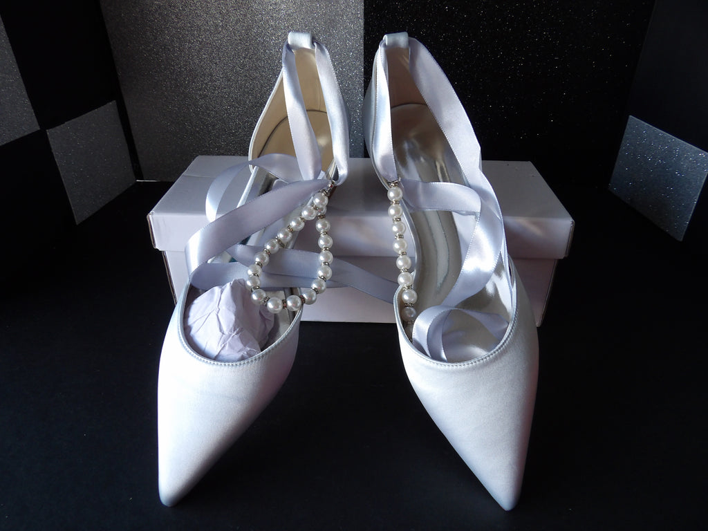 Bridal Satin Pearl Strap Flats - Light Blue (Size US Women's 8.5)