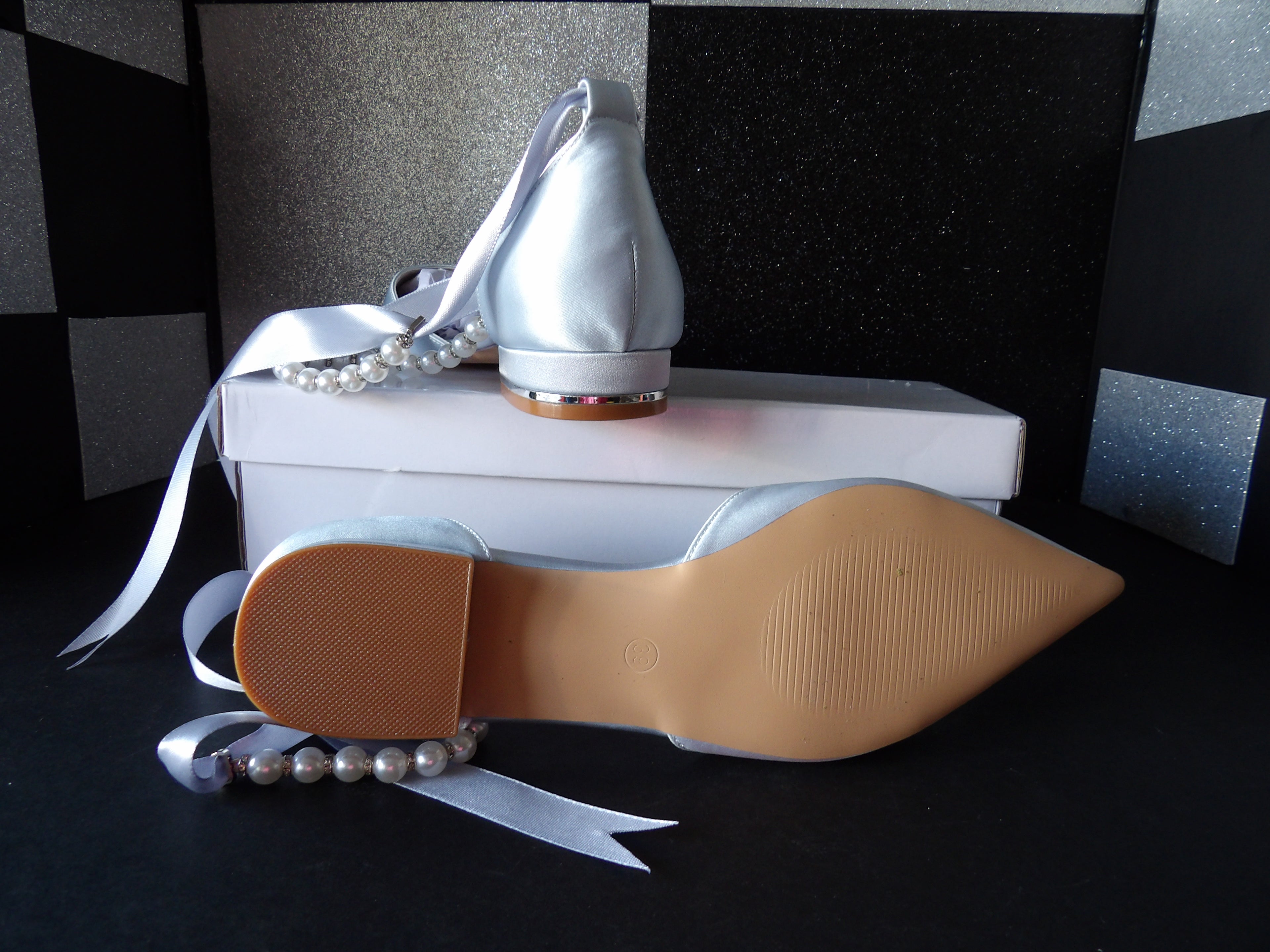 Bridal Satin Pearl Strap Flats - Light Blue (Size US Women's 8.5)