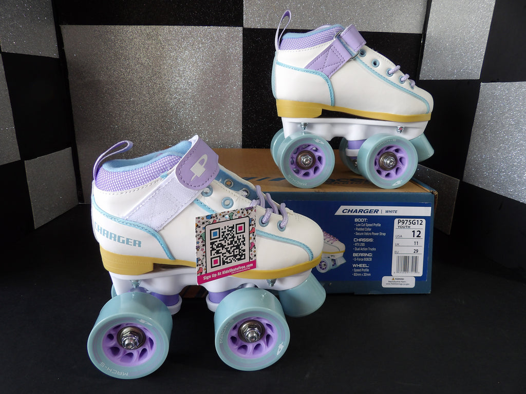 Pacer Charger Youth Quad Roller Skates – White/Pastel Purple (Youth Size 12)