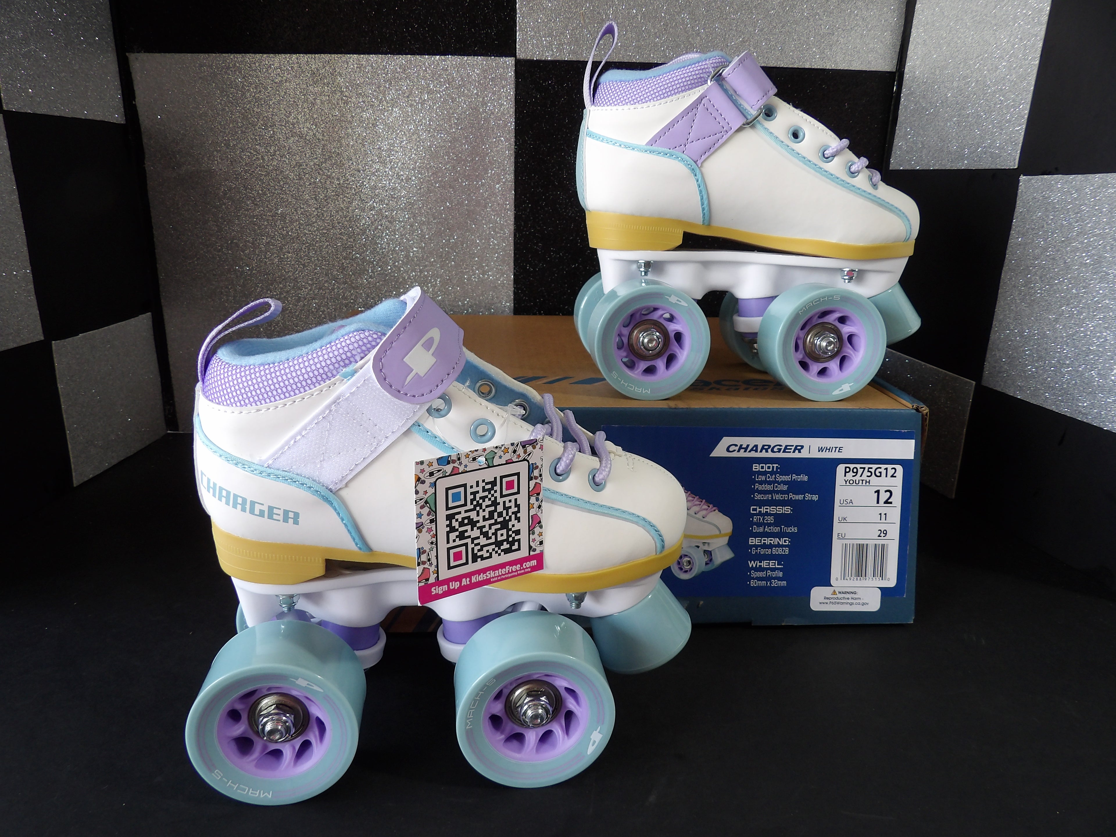 Pacer Charger Youth Quad Roller Skates – White/Pastel Purple (Youth Size 12)