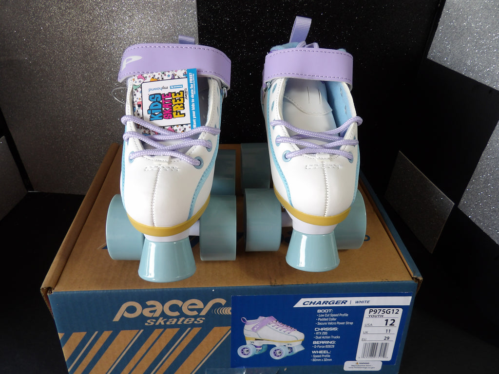 Pacer Charger Youth Quad Roller Skates – White/Pastel Purple (Youth Size 12)