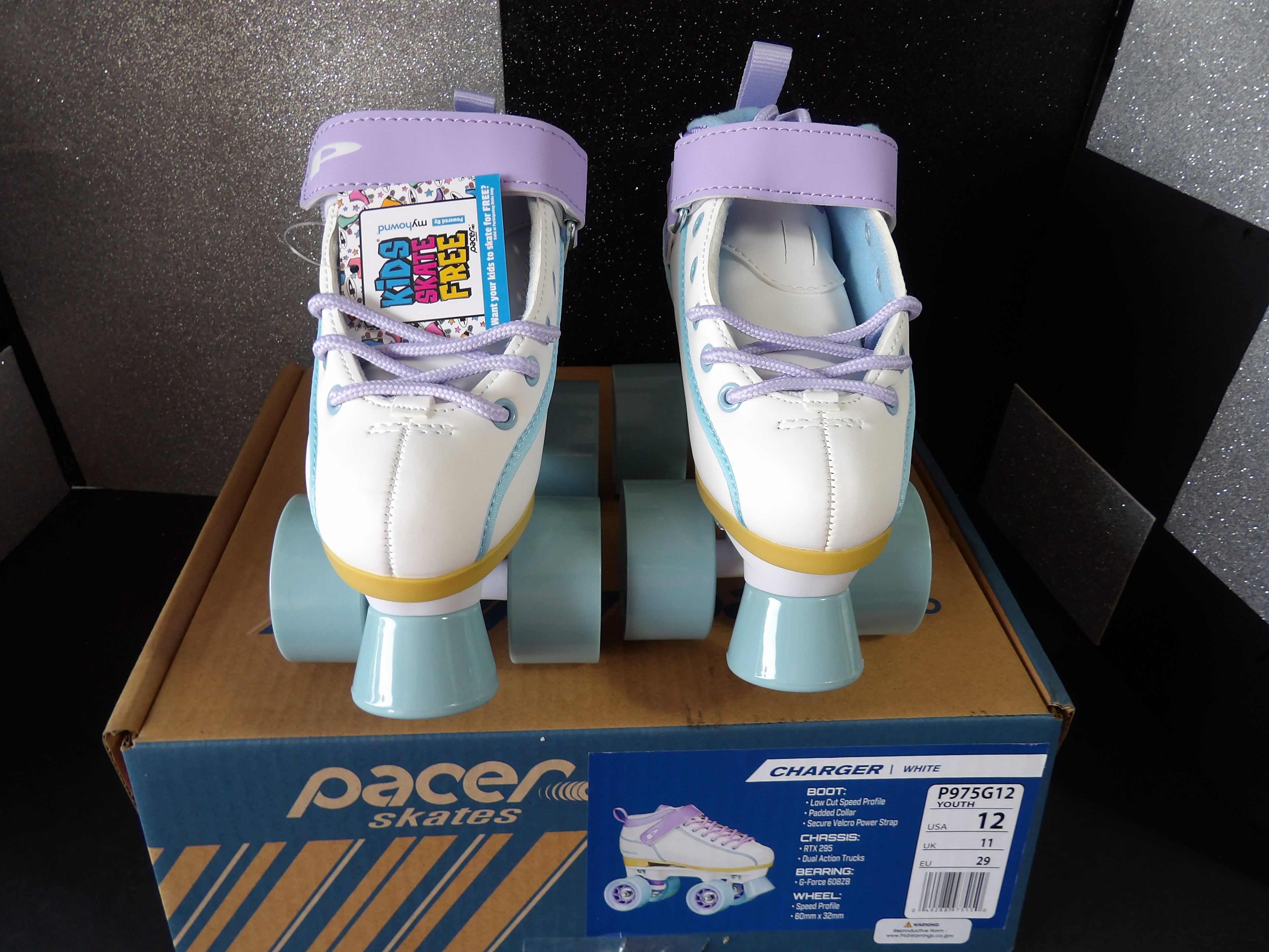 Pacer Charger Youth Quad Roller Skates – White/Pastel Purple (Youth Size 12)