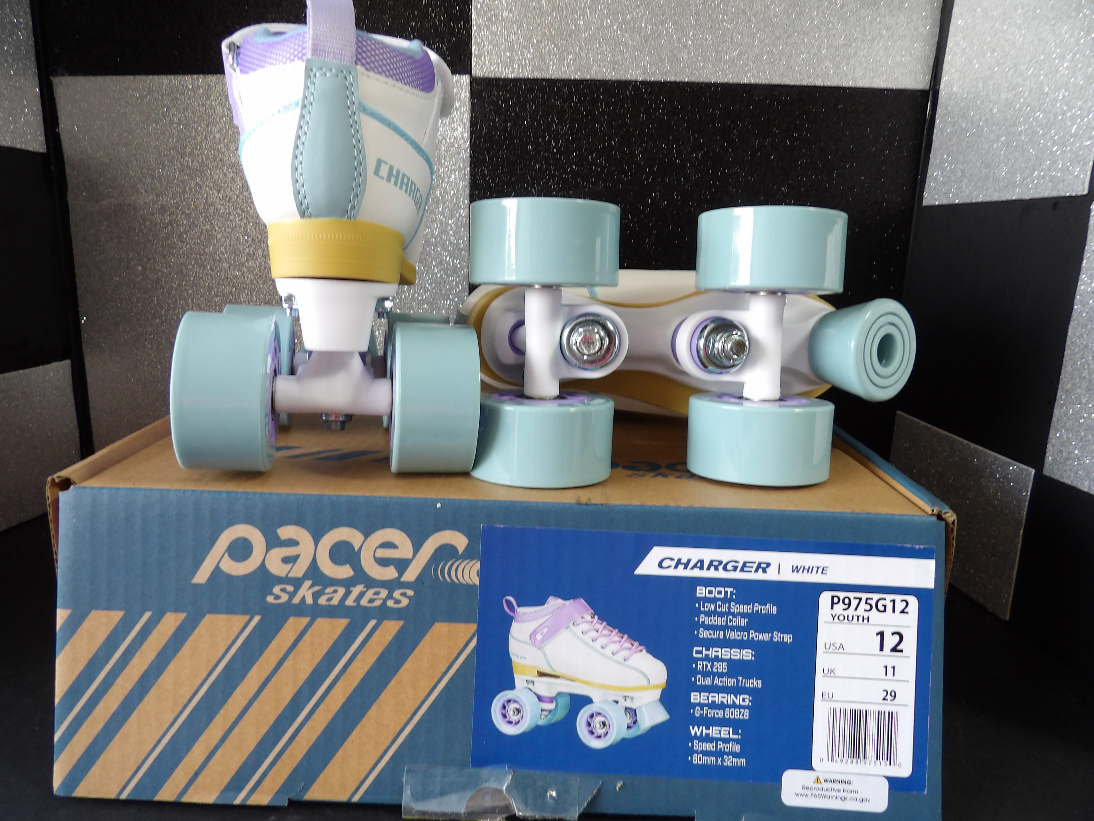 Pacer Charger Youth Quad Roller Skates – White/Pastel Purple (Youth Size 12)