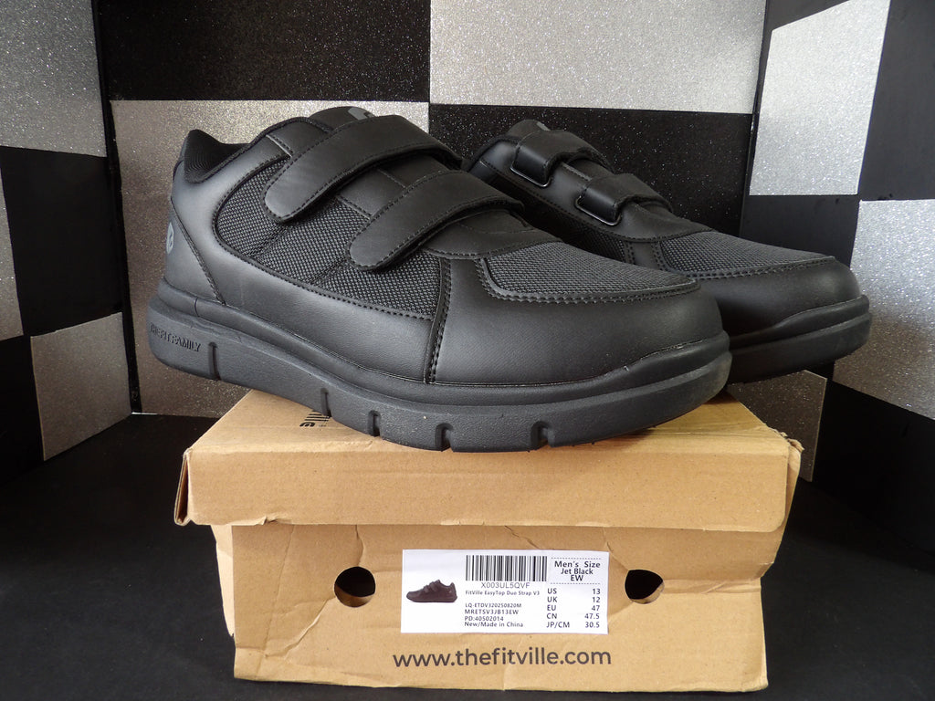 FitVille EasyTop Duo Strap V3 Walking Shoes – Jet Black (Men's US Size 13)