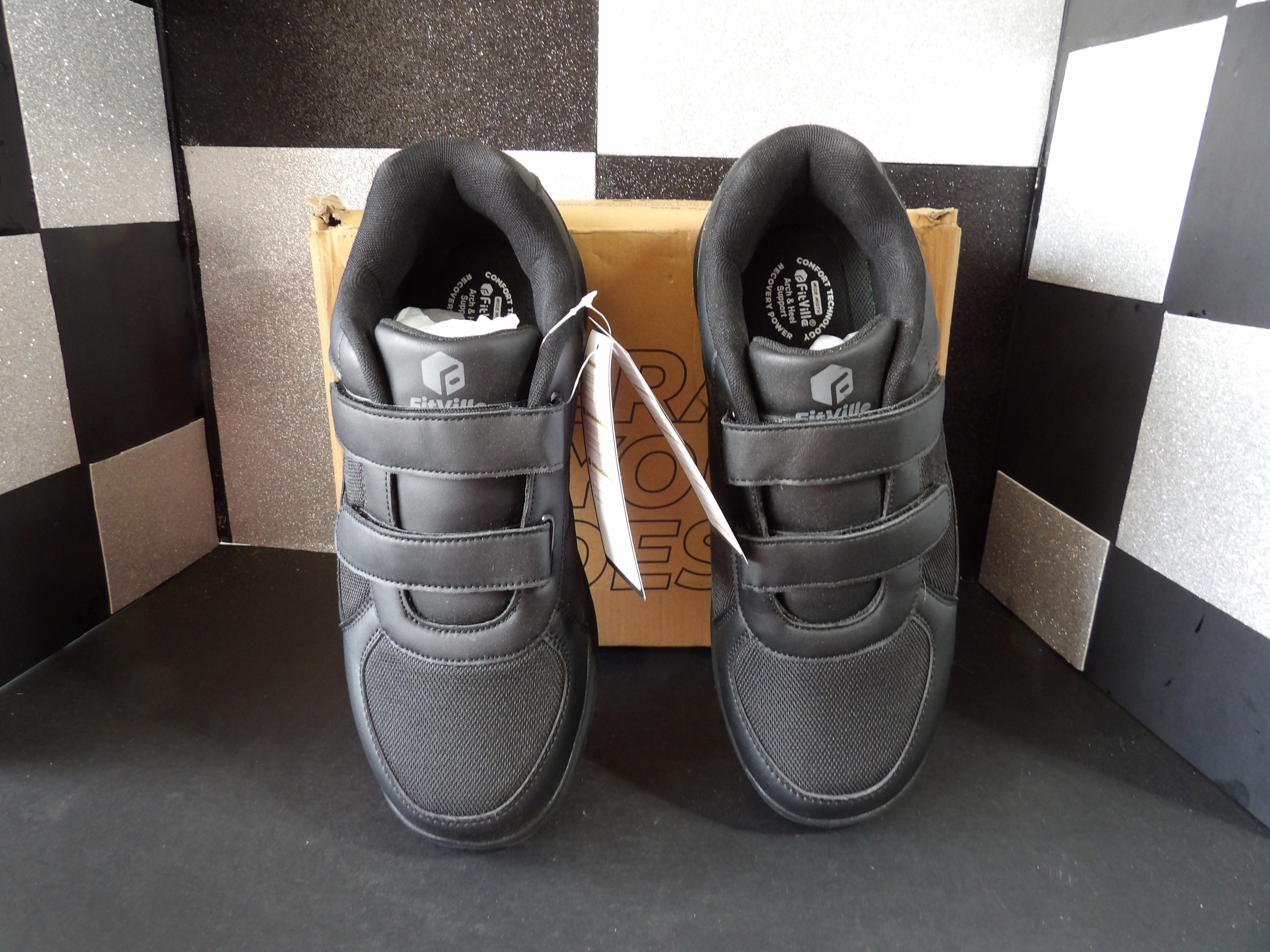 FitVille EasyTop Duo Strap V3 Walking Shoes – Jet Black (Men's US Size 13)