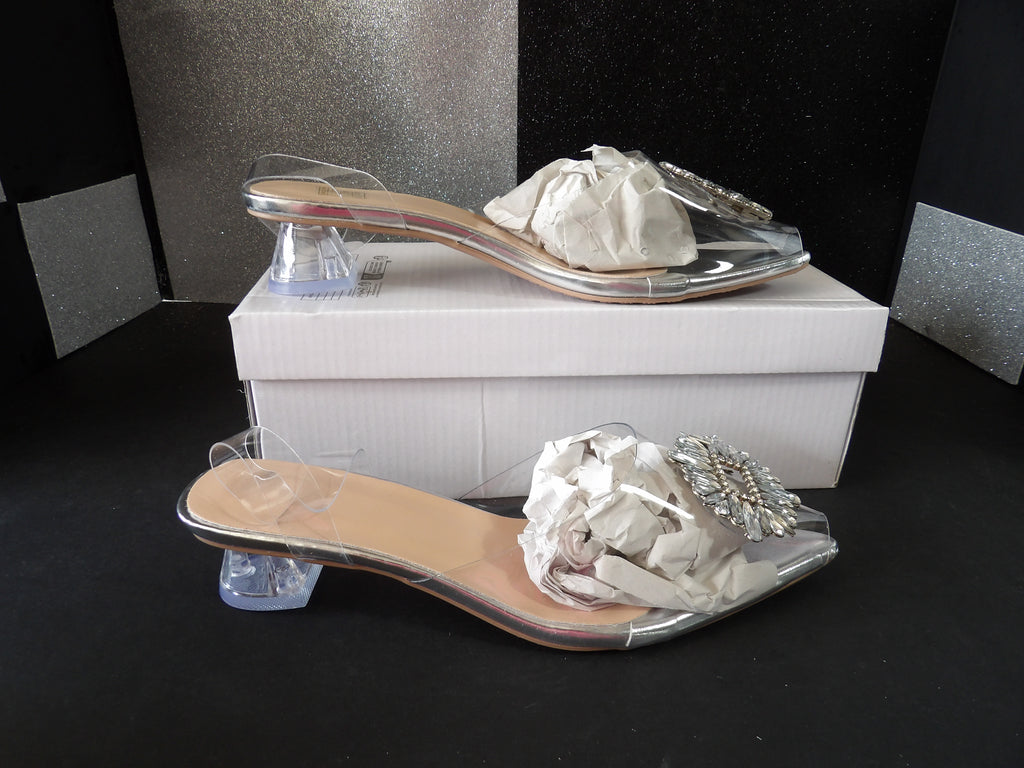 Rhinestone Clear Heel Sandals – Silver/Clear (Size US Women's 5.5)