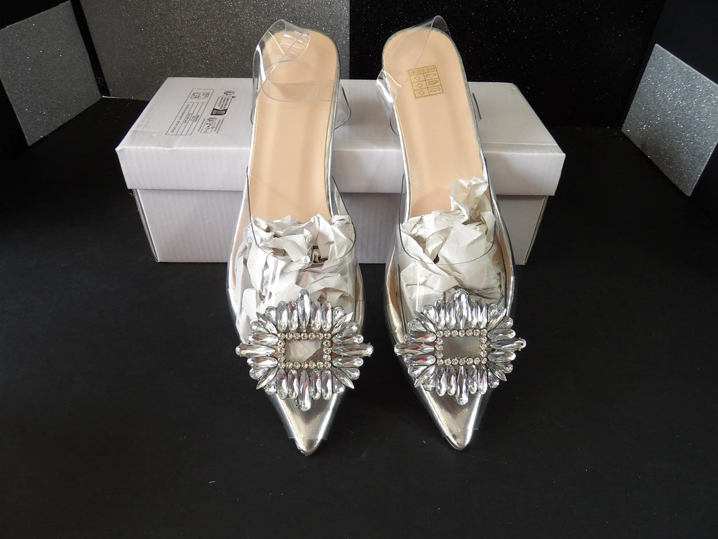 Rhinestone Clear Heel Sandals – Silver/Clear (Size US Women's 5.5)