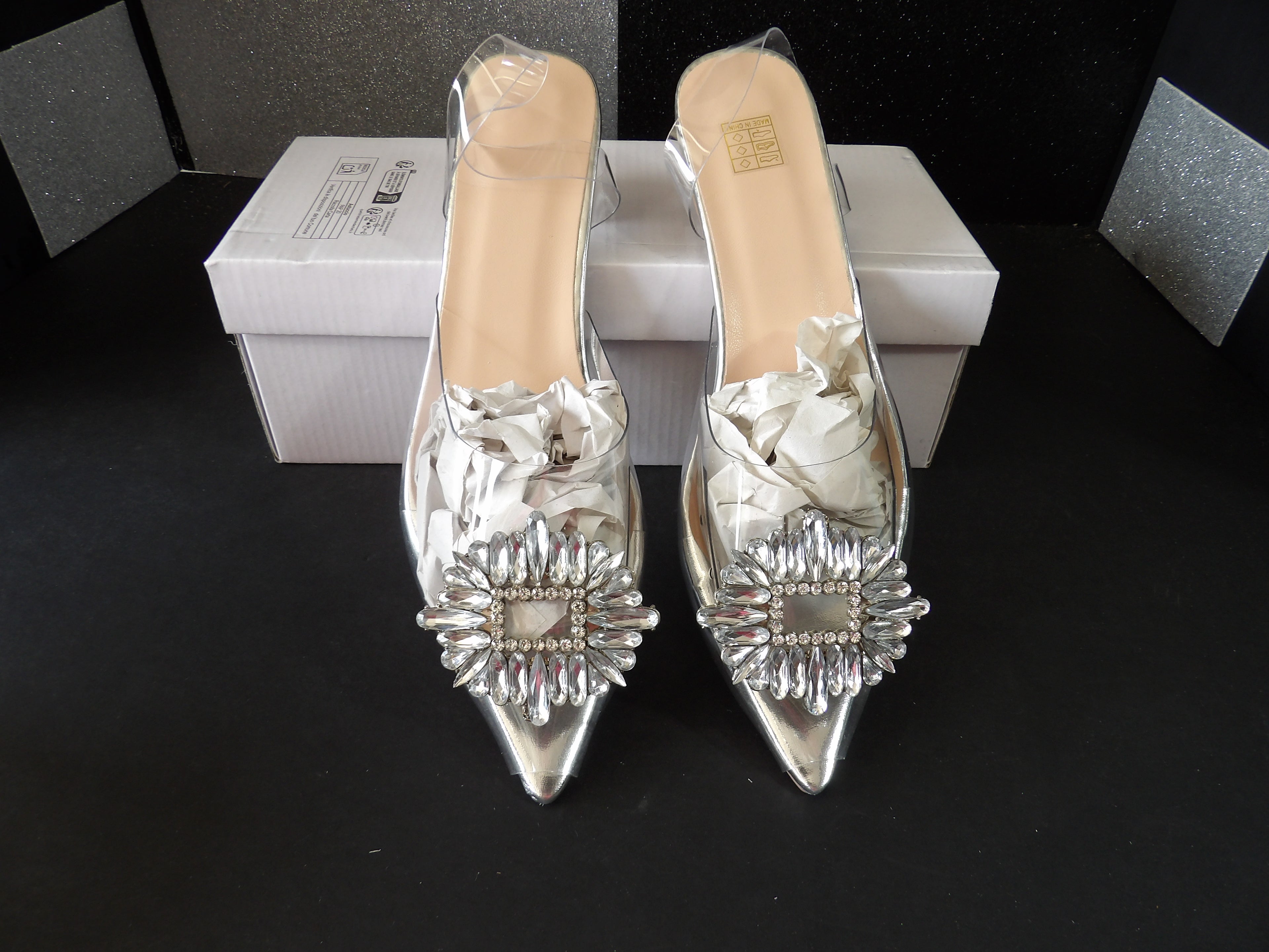 Rhinestone Clear Heel Sandals – Silver/Clear (Size US Women's 5.5)