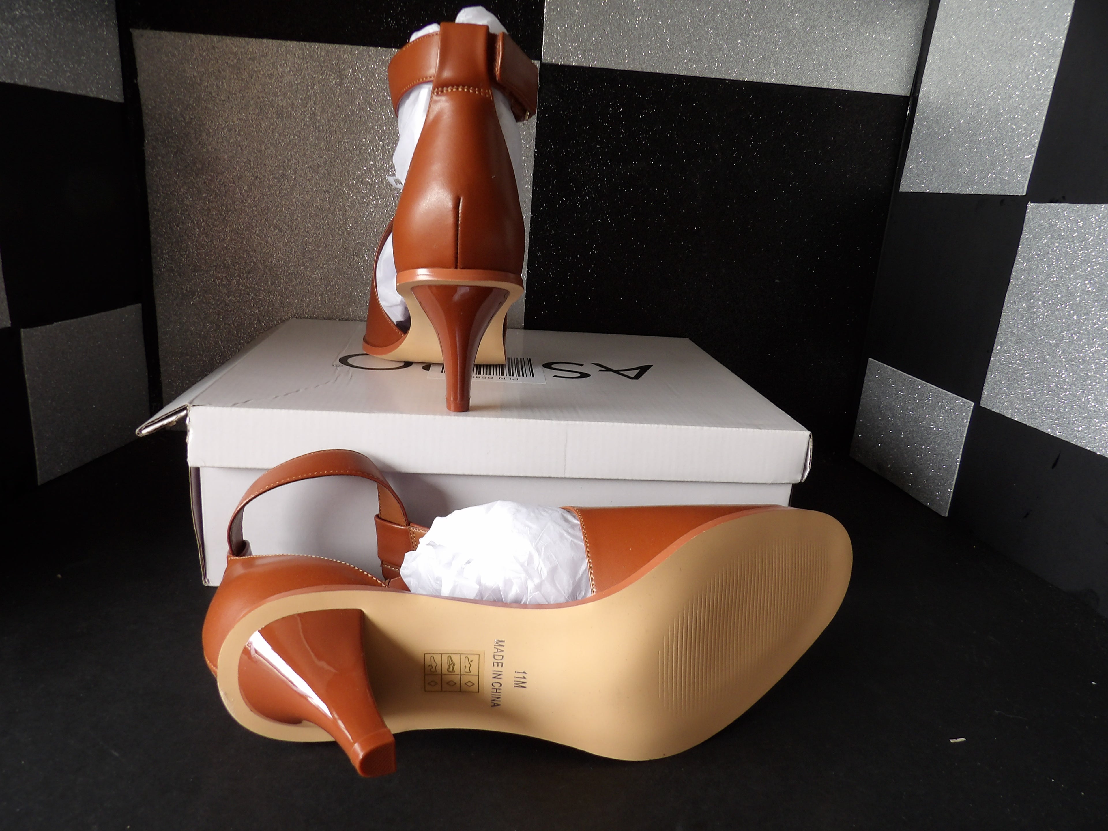 Ashro Ankle Strap Peep Toe Heels – Cognac Brown (Size US Women's 11)