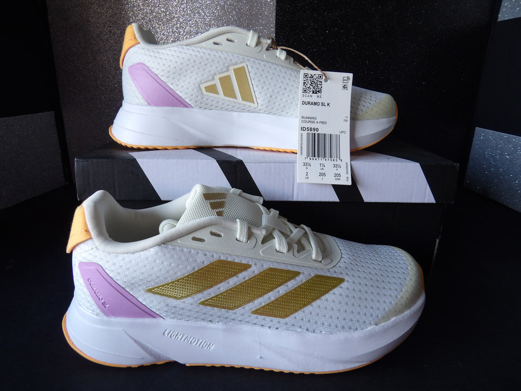 Adidas Duramo SL K Running Shoes – White/Gold/Pink (Size US Kids 2)