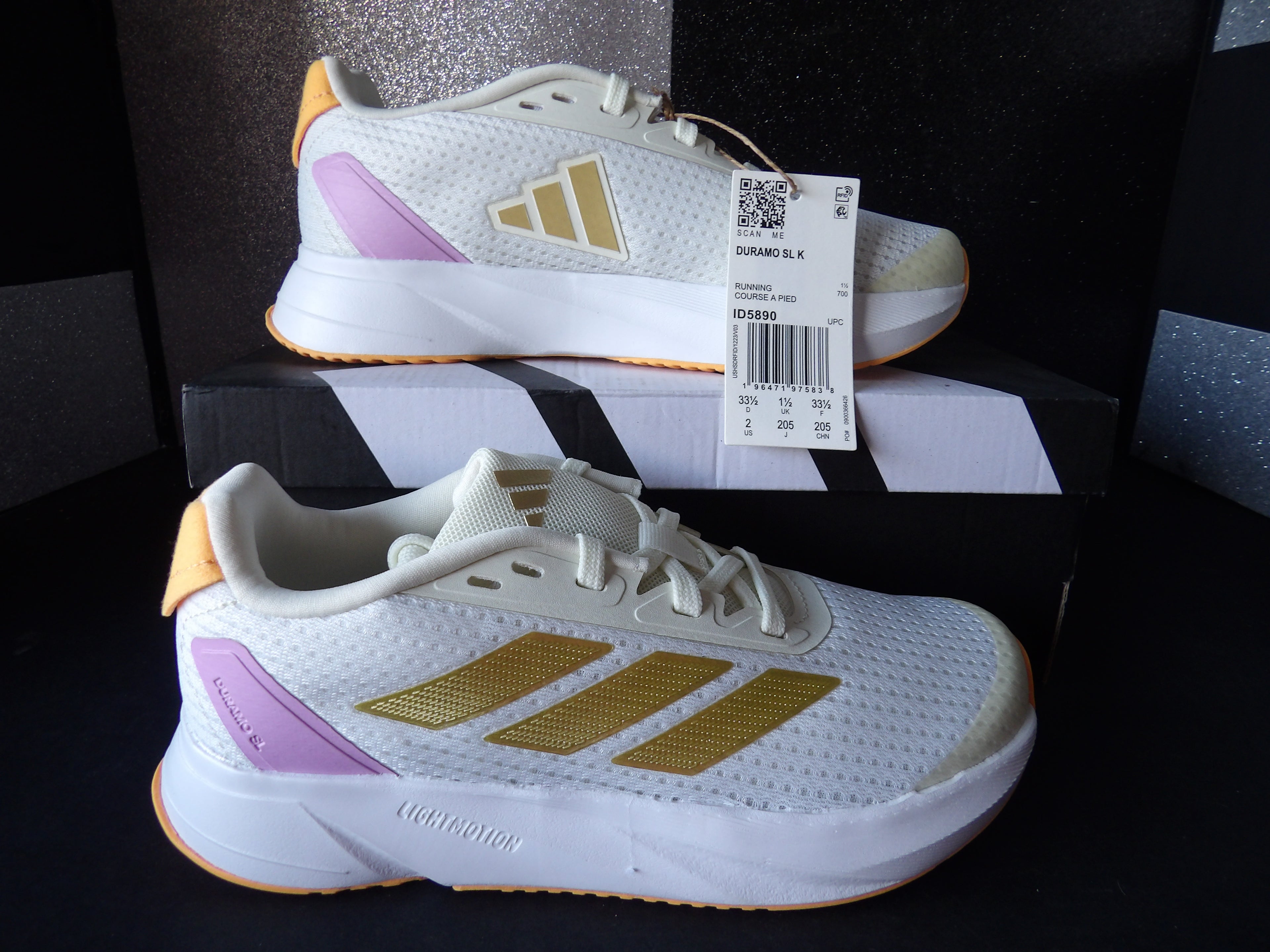 Adidas Duramo SL K Running Shoes – White/Gold/Pink (Size US Kids 2)