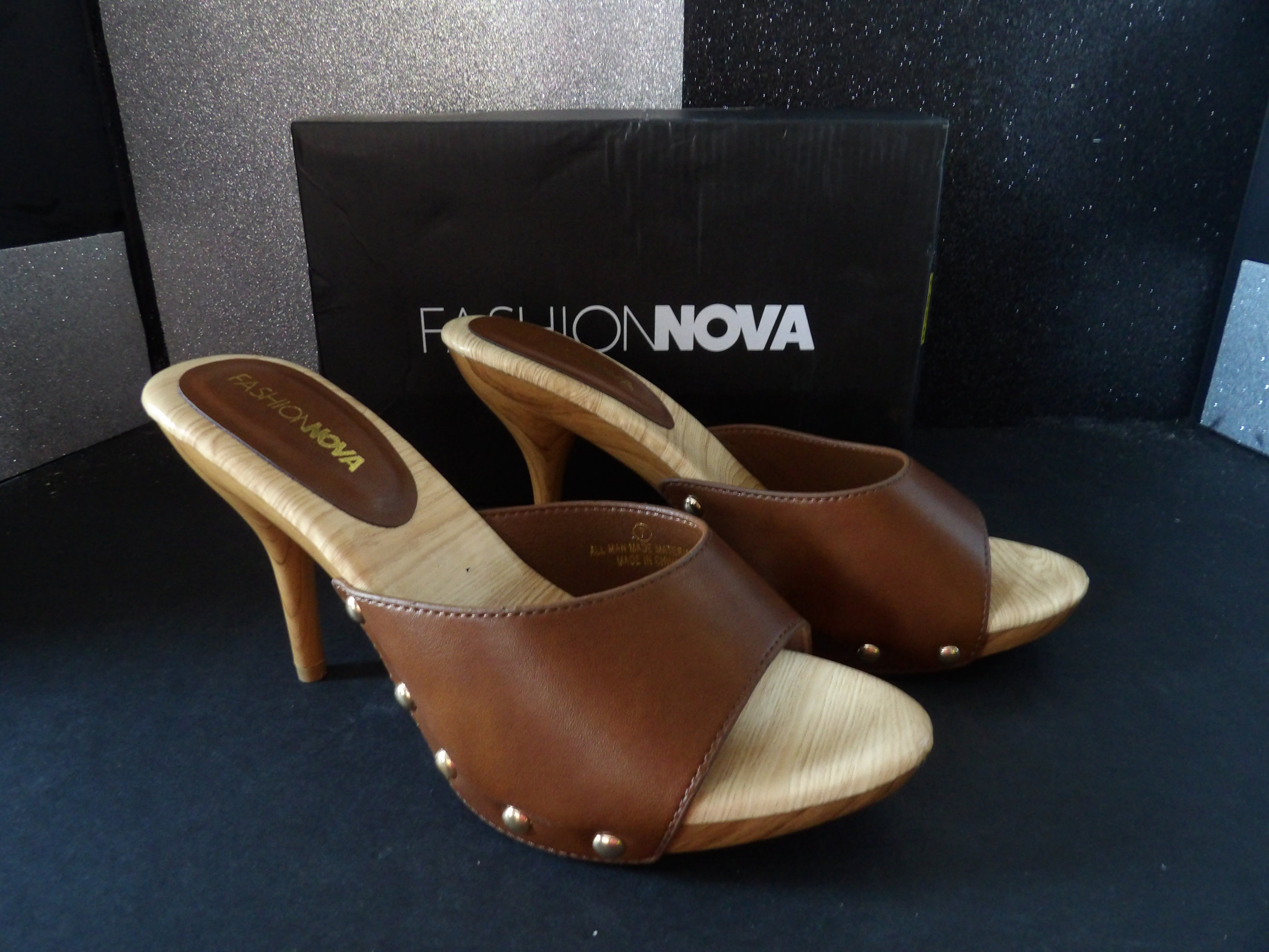Fashion Nova ACE1 Studded Mule Heels – Brown/Woodgrain (Size US Women's 7)