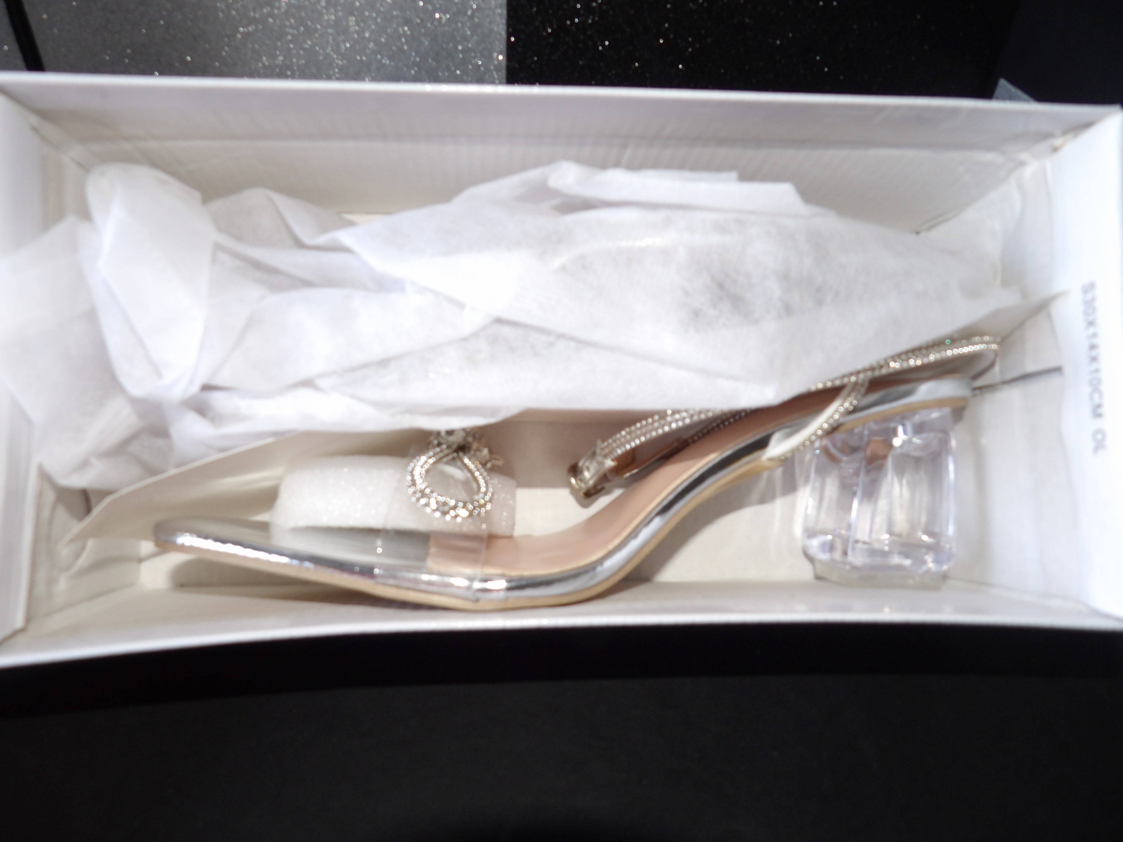 Rhinestone Bow Clear Block Heel Slingback Pumps – Silver/Clear (Size US Women's 7.5)