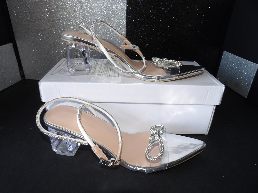 Rhinestone Bow Clear Block Heel Slingback Pumps – Silver/Clear (Size US Women's 7.5)