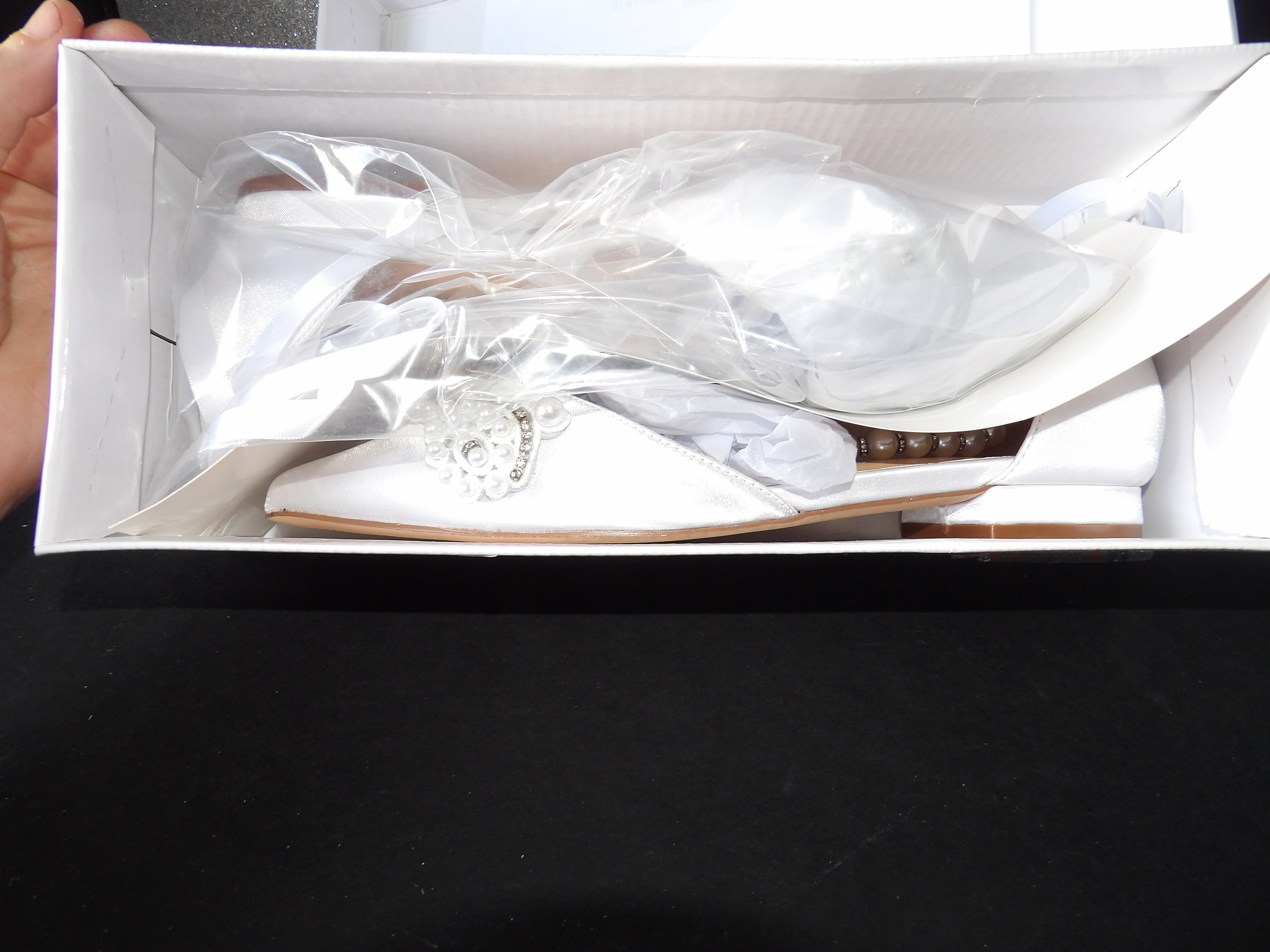 Pearl Embellished Satin Ankle Tie Flats – White (Size US Women's 7.5)
