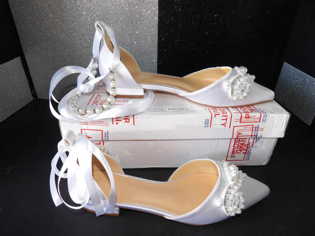 Pearl Embellished Satin Ankle Tie Flats – White (Size US Women's 7.5)