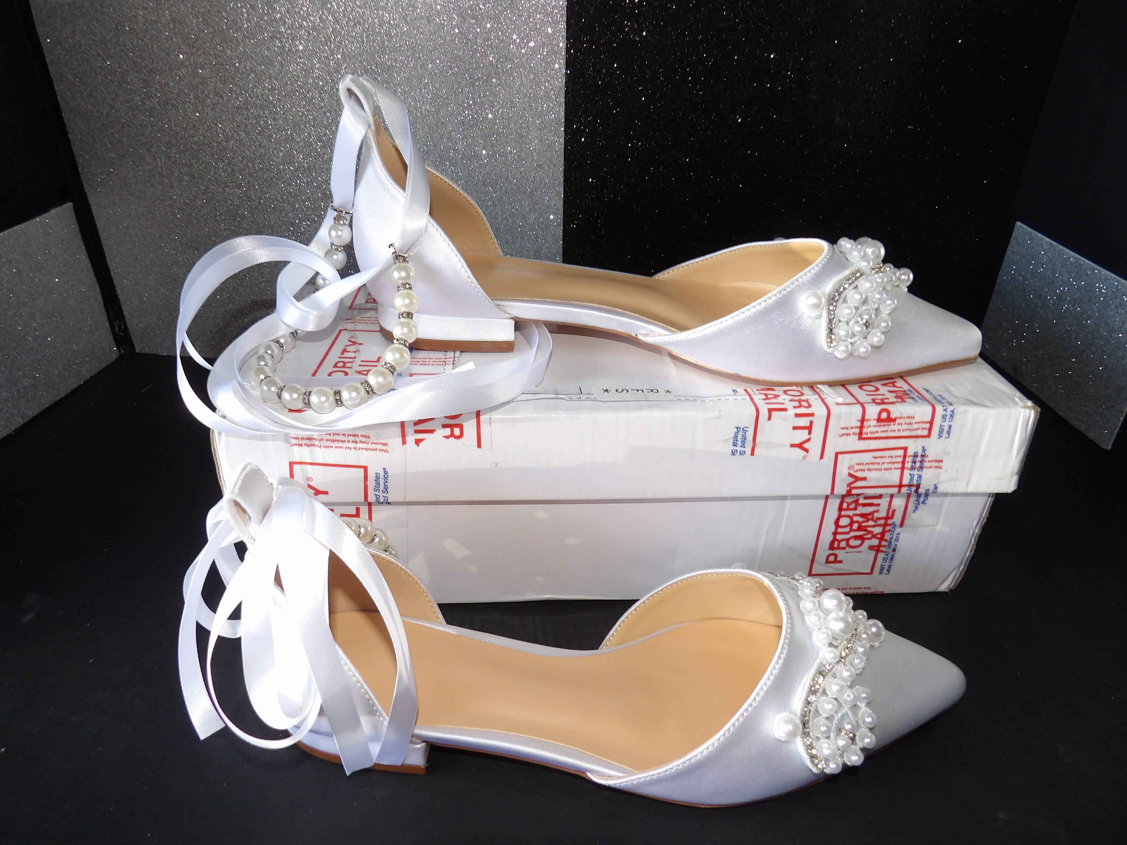 Pearl Embellished Satin Ankle Tie Flats – White (Size US Women's 7.5)
