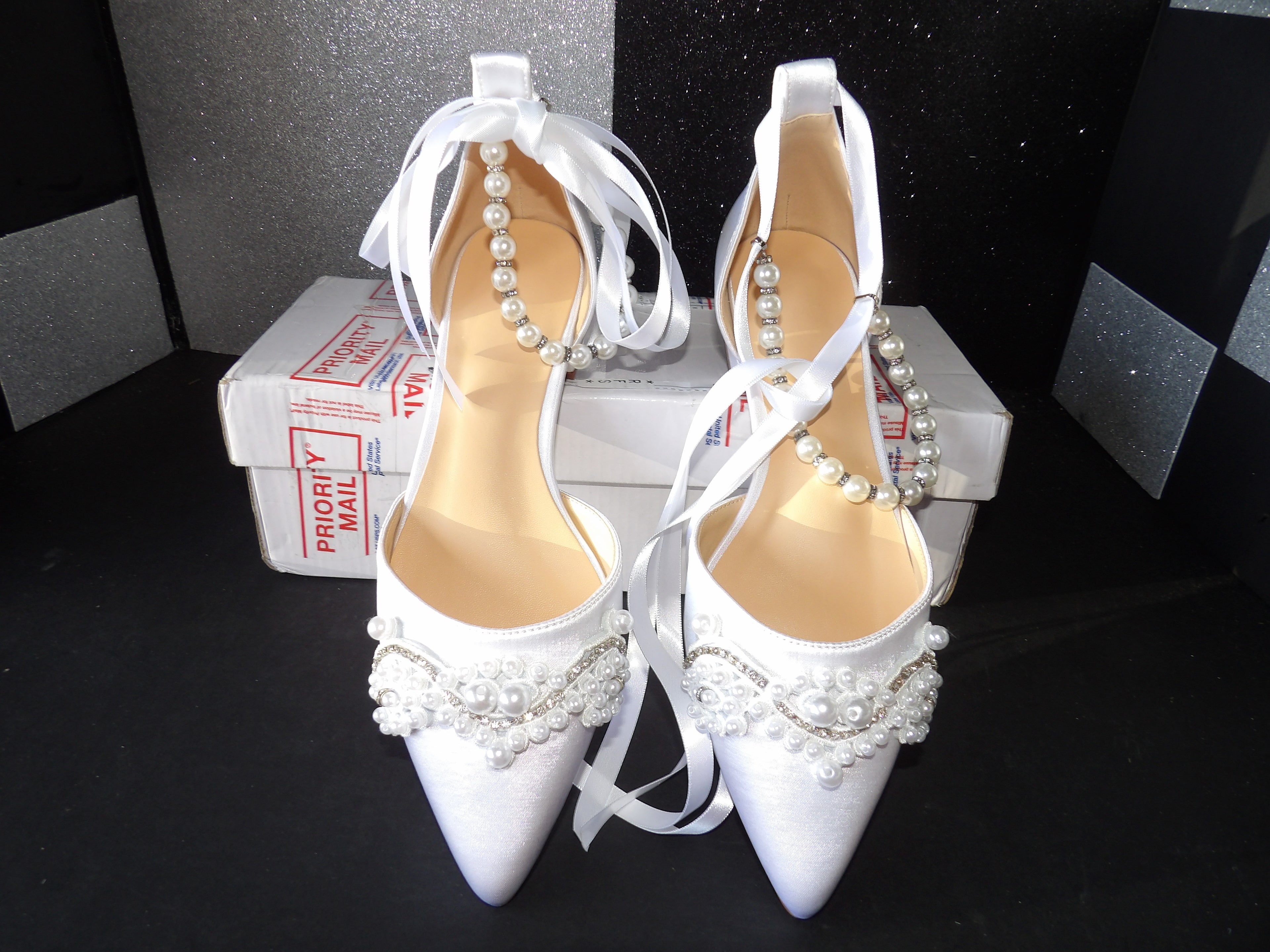 Pearl Embellished Satin Ankle Tie Flats – White (Size US Women's 7.5)