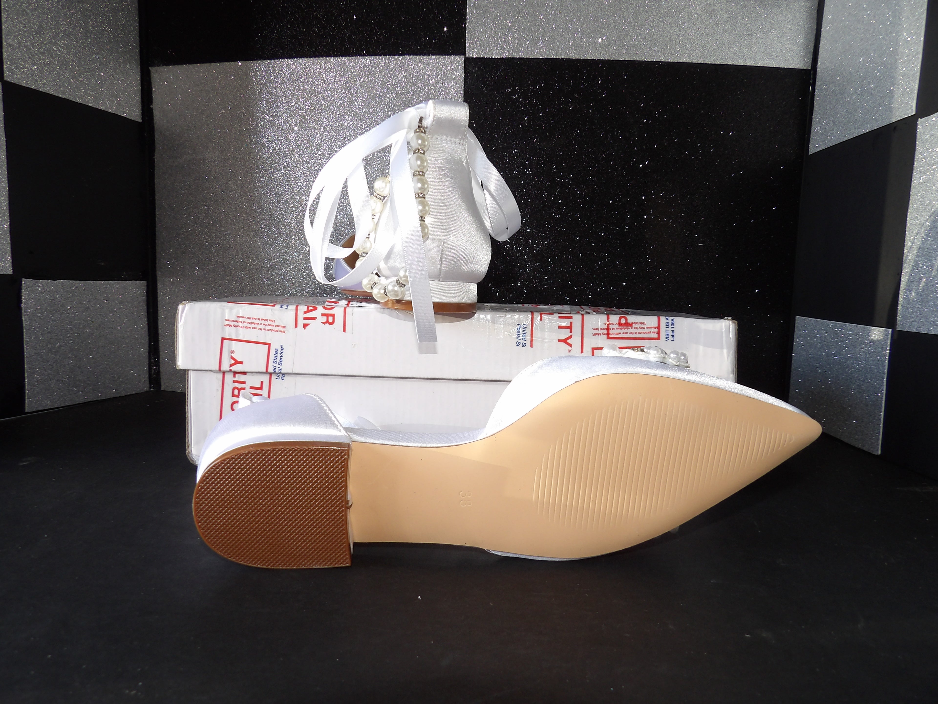 Pearl Embellished Satin Ankle Tie Flats – White (Size US Women's 7.5)