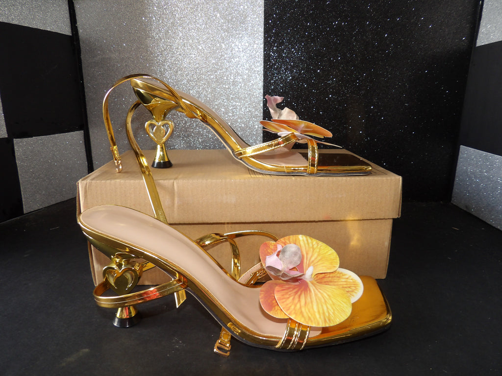Flower Heels - Gold, Orange(US Women's 6)