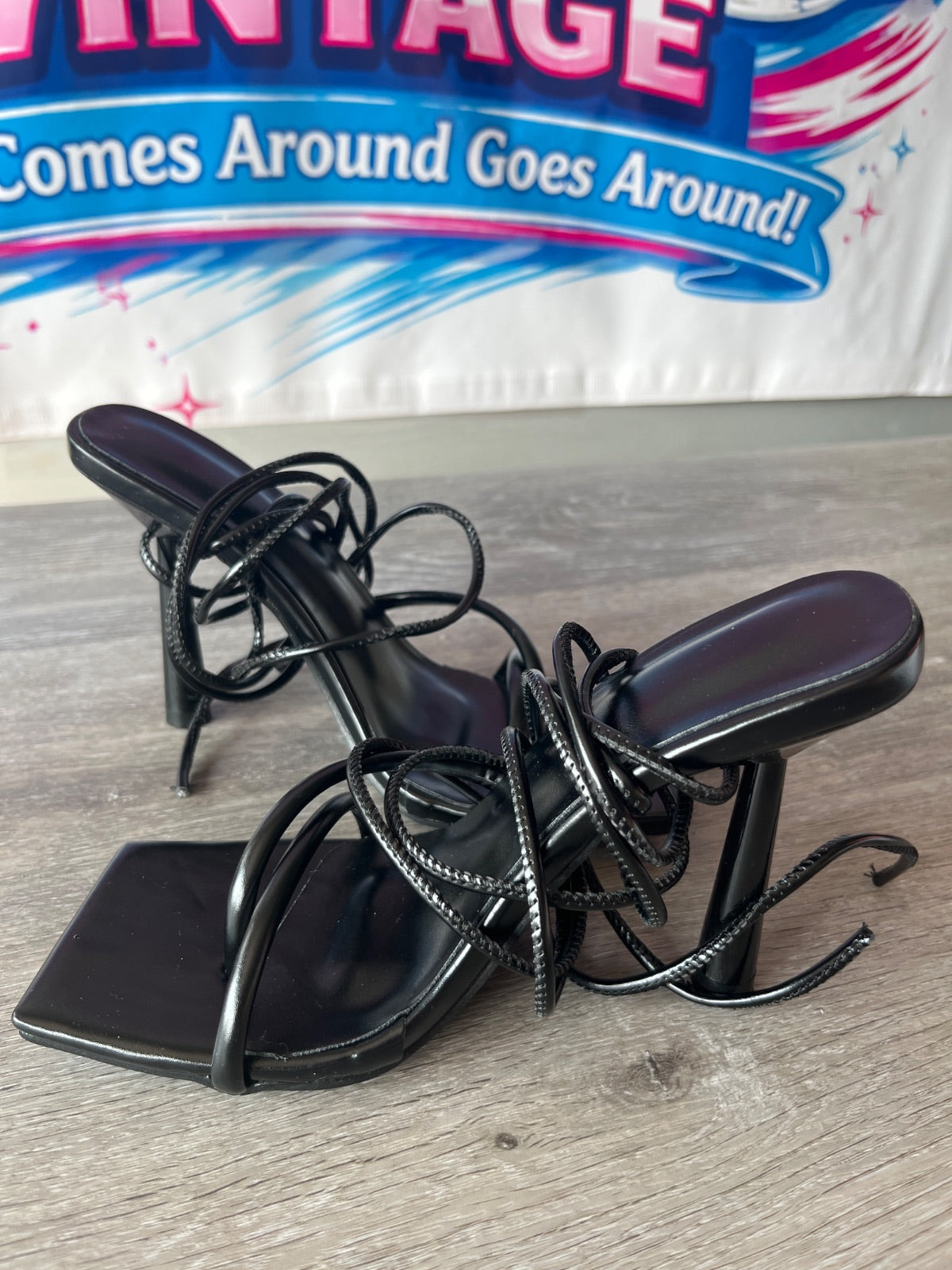 Strappy Black Heels (Size W4)