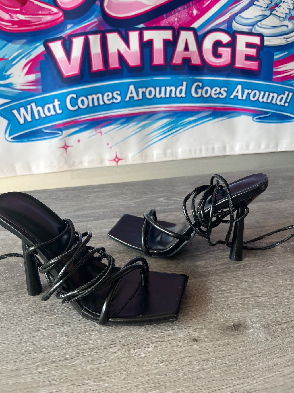 Strappy Black Heels (Size W4)