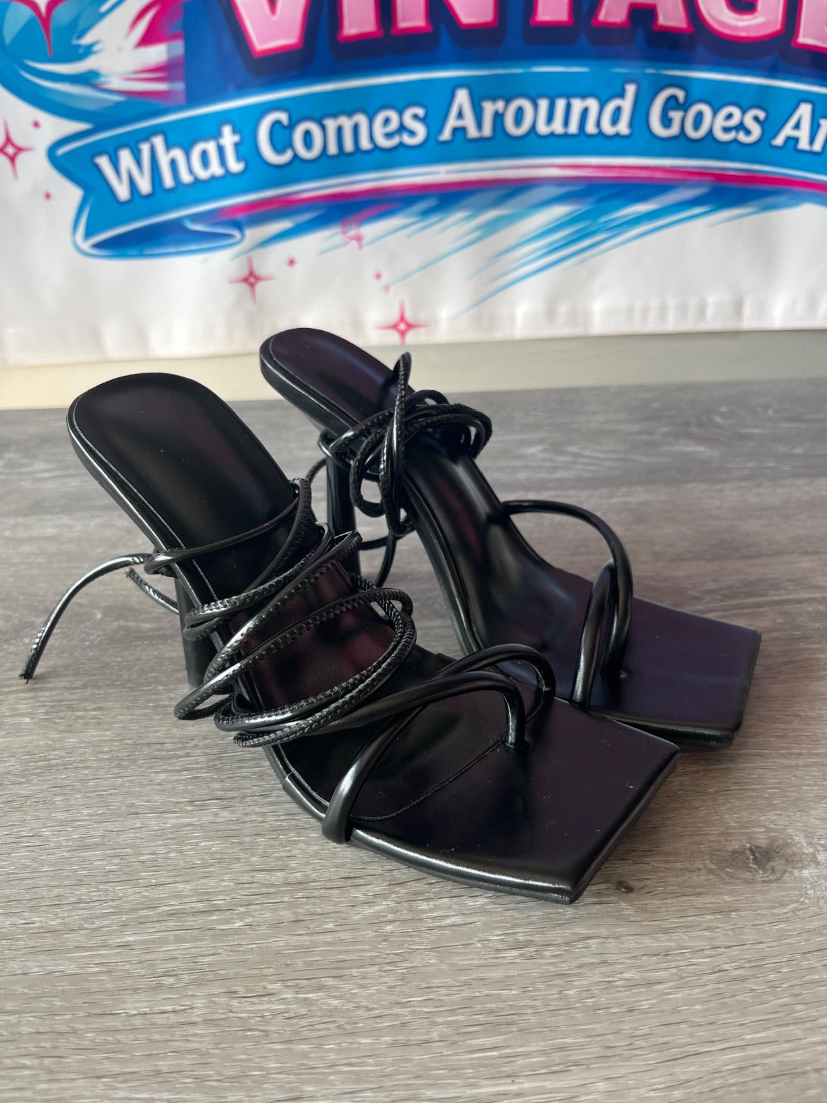Strappy Black Heels (Size W4)
