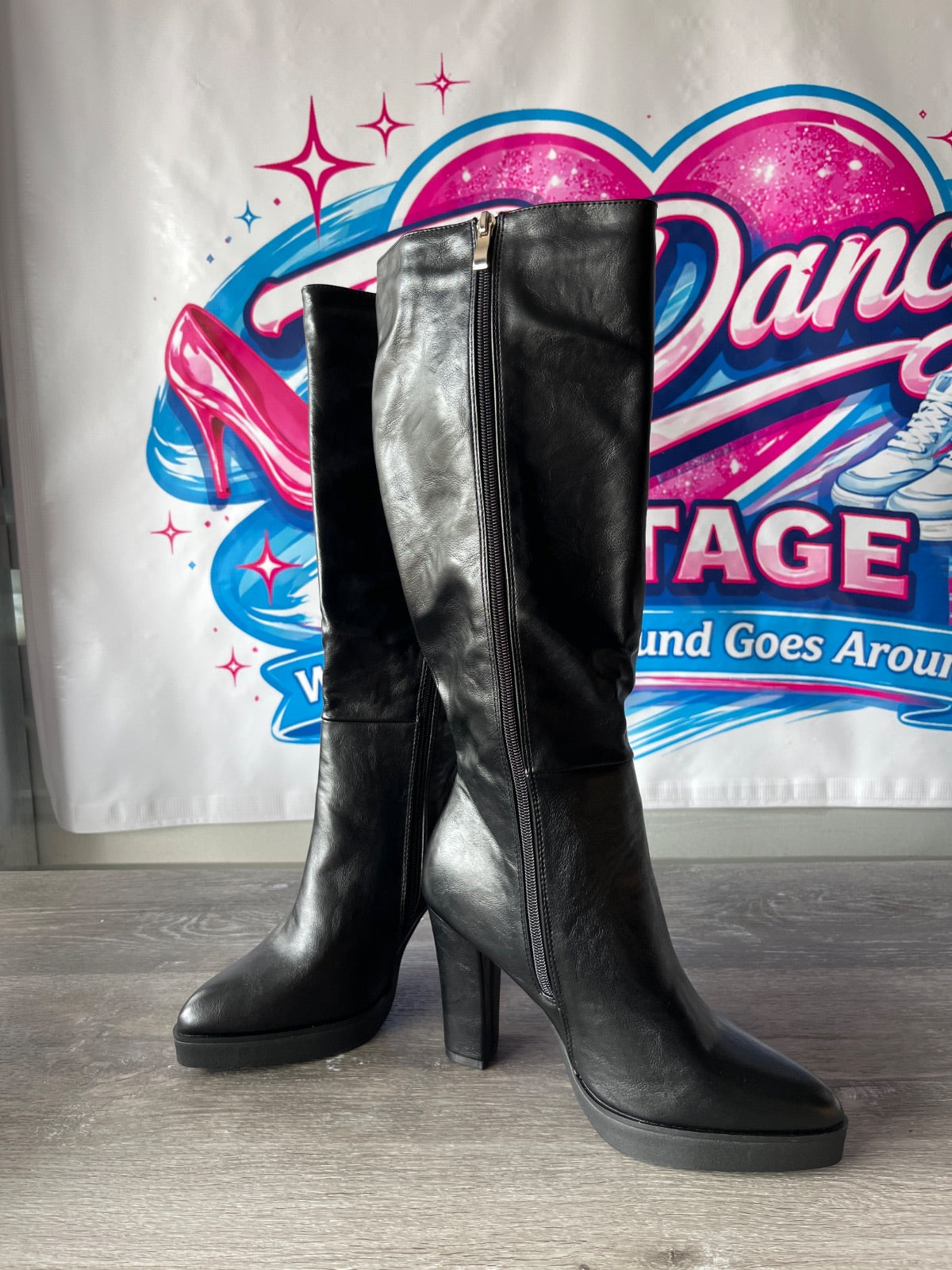 Tall Black  Block Heeled Boot (Size W8.5)