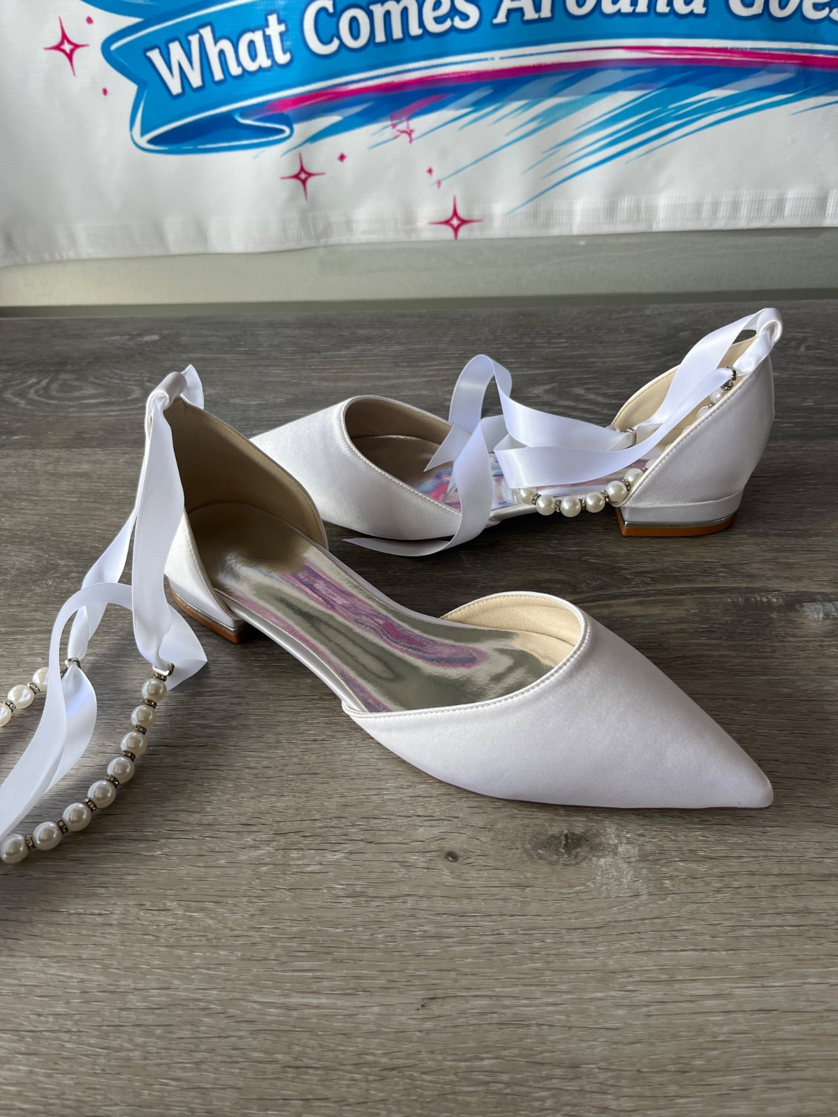 White Heel with Ribbons and Beads (Size W8.5)