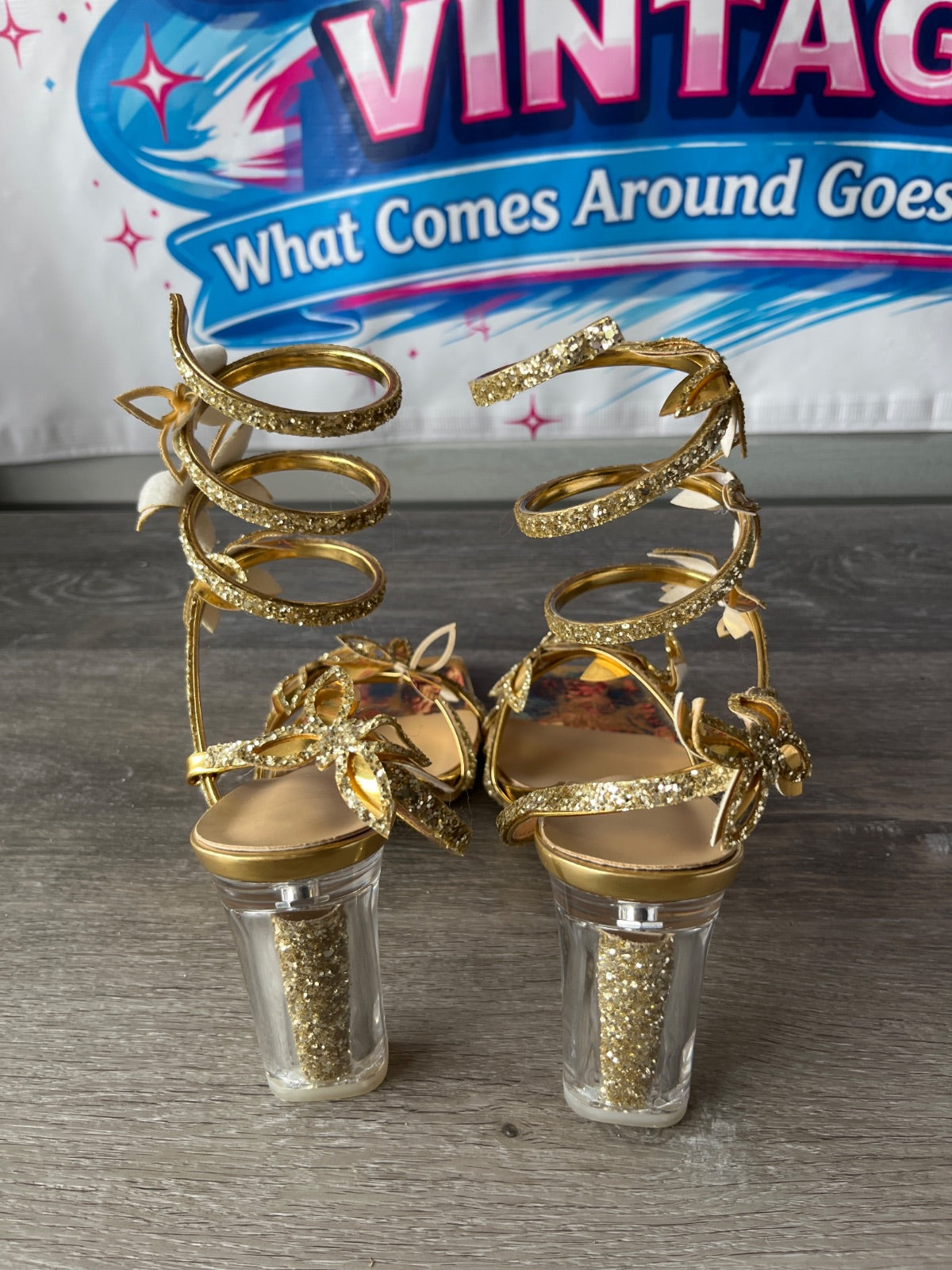 Gold Block Heel With Butterflies (Size W9.5)