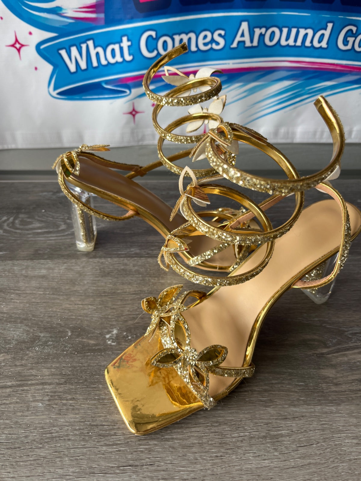 Gold Block Heel With Butterflies (Size W9.5)